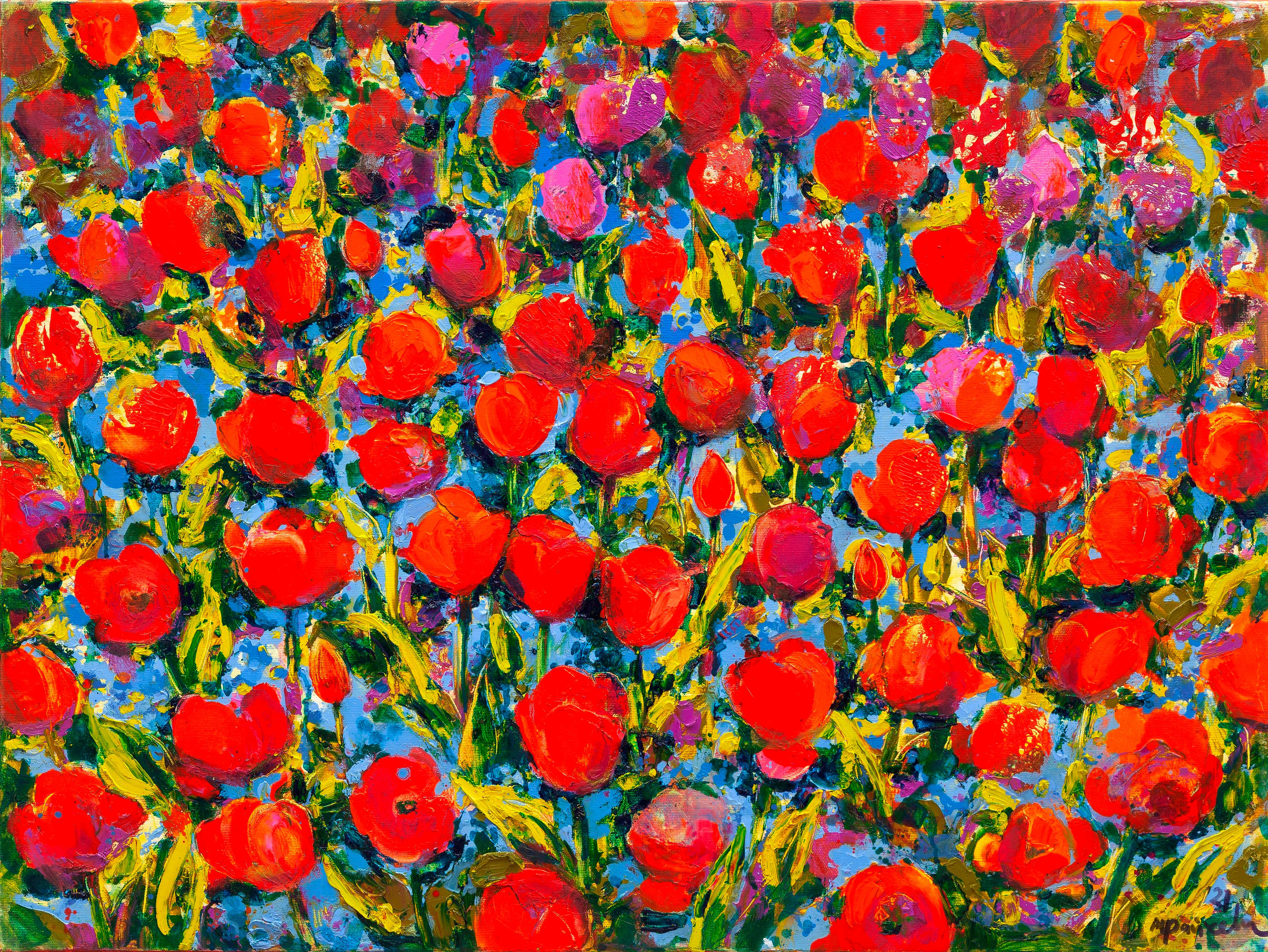 Maria Raycheva Still-Life Painting – Tulpen – Öl  Stillleben-Gemälde in den Farben Rot Weiß Blau Gelb Elfenbein Rosa