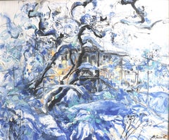 Winter Landscape Painting Oil Canvas Colors White Blue Yellow Grey Orange