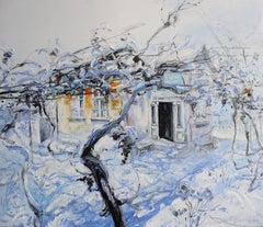 Winter Morning Landscape Painting Oil Canvas Color White Yellow Grey Orange Blue
