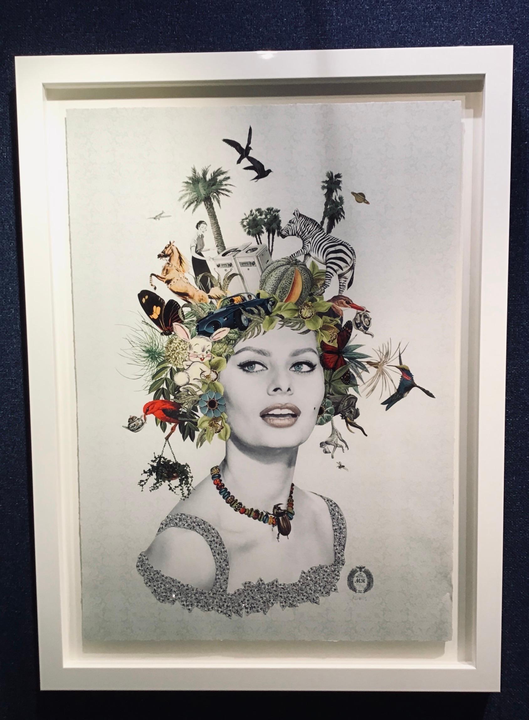 ''Bonbon'' Limited edition print of surrealistic collage with diamond dust - Gray Portrait Print by Maria Rivans