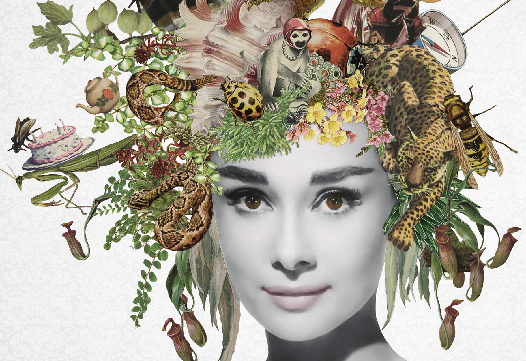 ''Miss Baker'' Limited edition print of surrealistic collage, Audrey Hepburn - Print by Maria Rivans