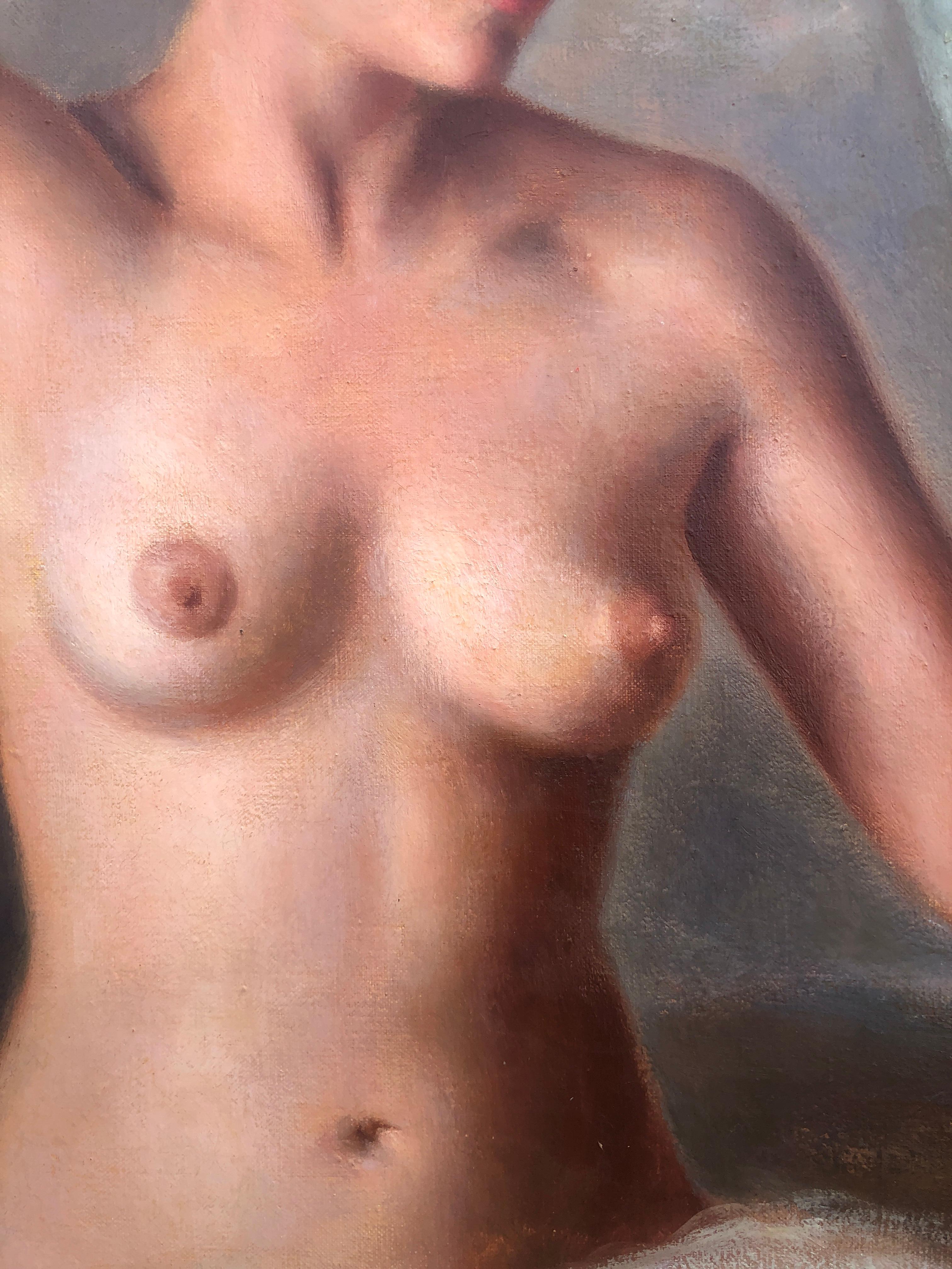 Pittura ad olio su tela di una donna nuda - Portrait Painting Grigio di Maria Rosa Arsalaguet