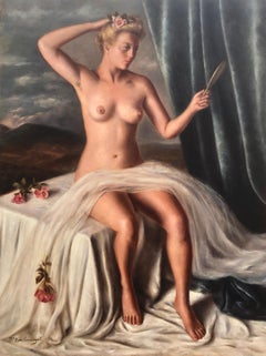 Vintage Nude woman oil on canvas painting
