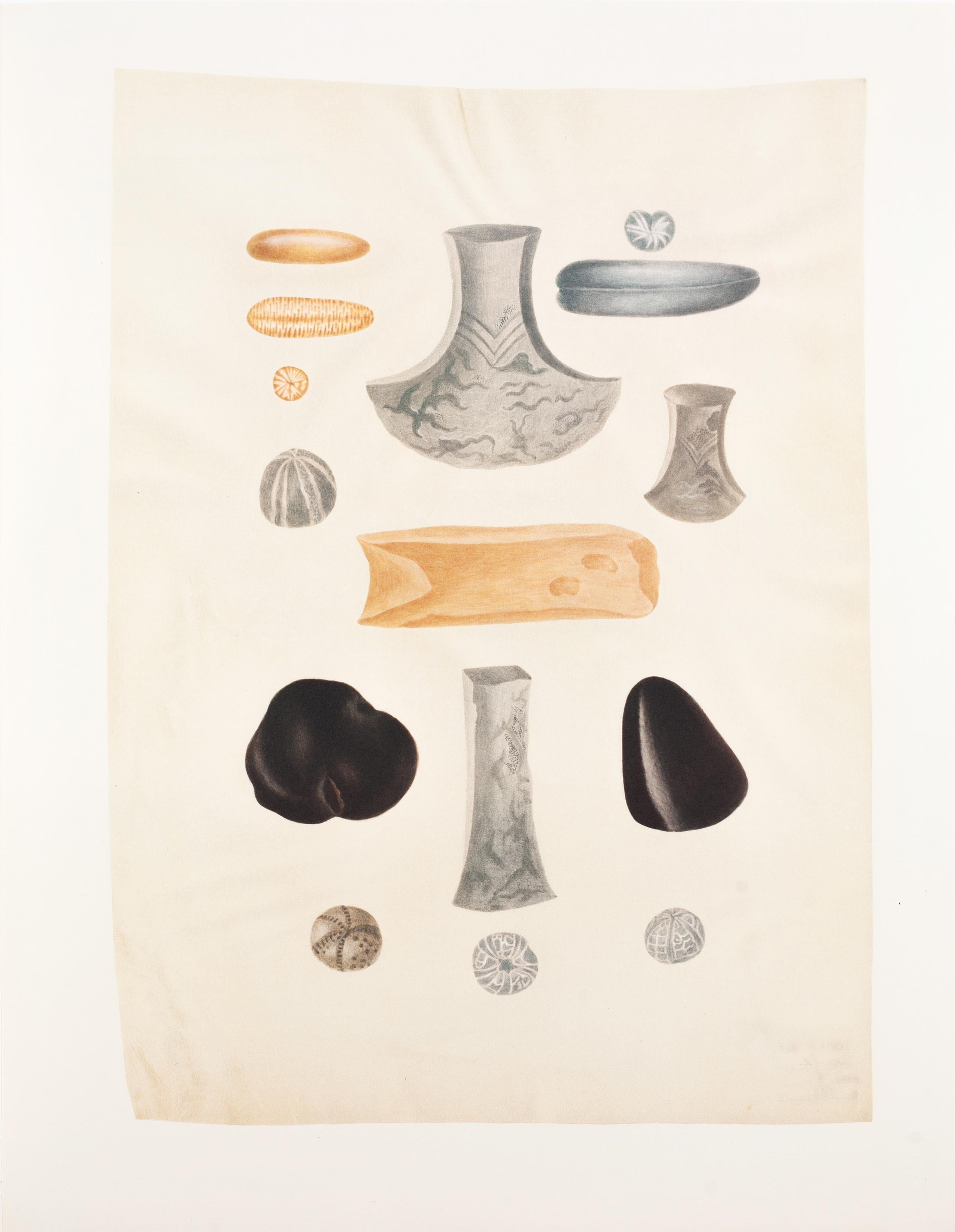 21. Fingersteine, Fossilienblemnit, Achsen aus Nephrit, Flitter und Metall, versteinert – Print von Maria Sybilla Merian