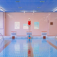 Hide- Swimmer 35x 35 inch figurative color photograph in Slovakian swimming pool