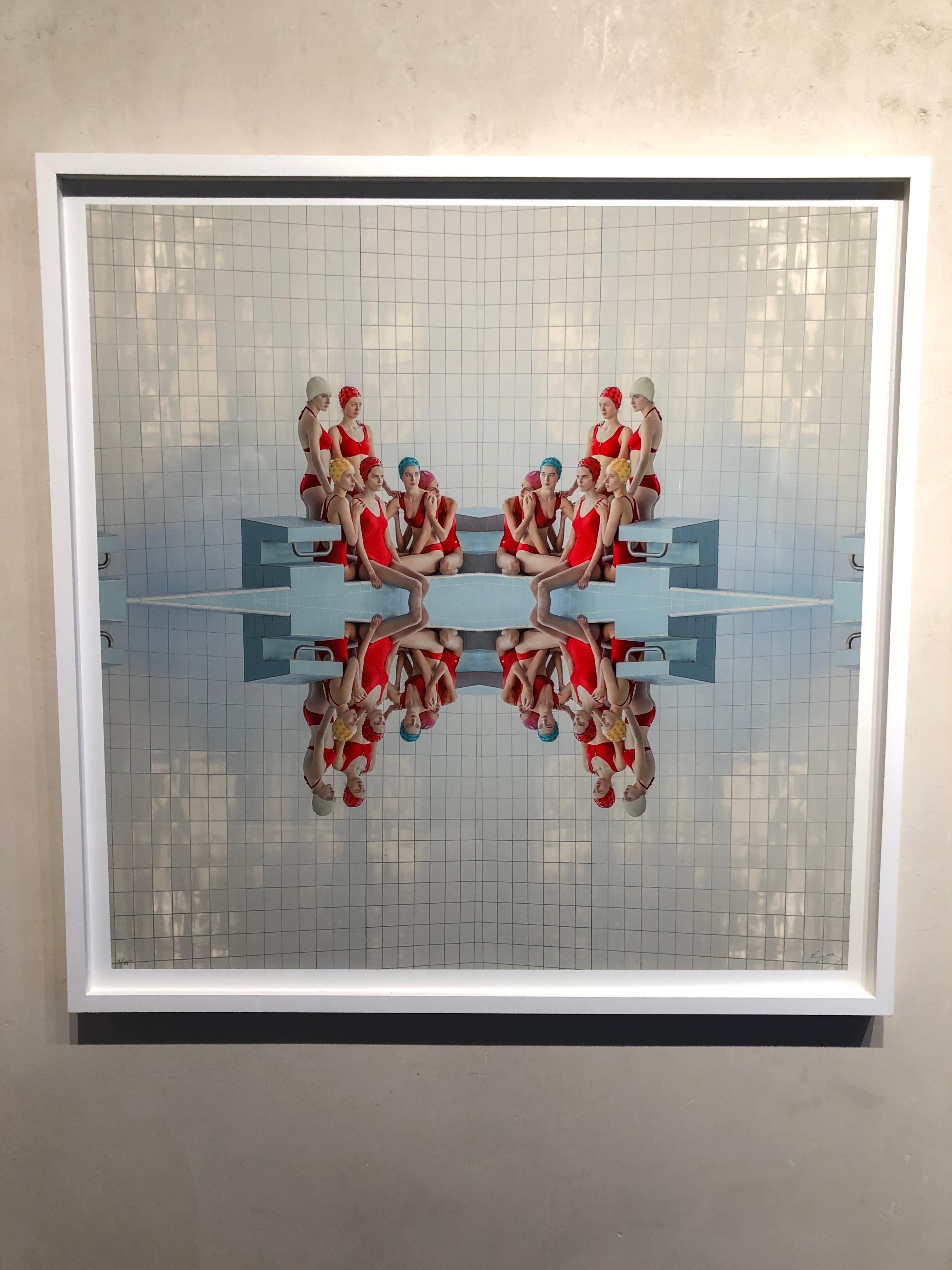 Symmetry- framed 30 x 30 geometric figurative photograph in reds and blues  - Photograph by Maria Svarbova