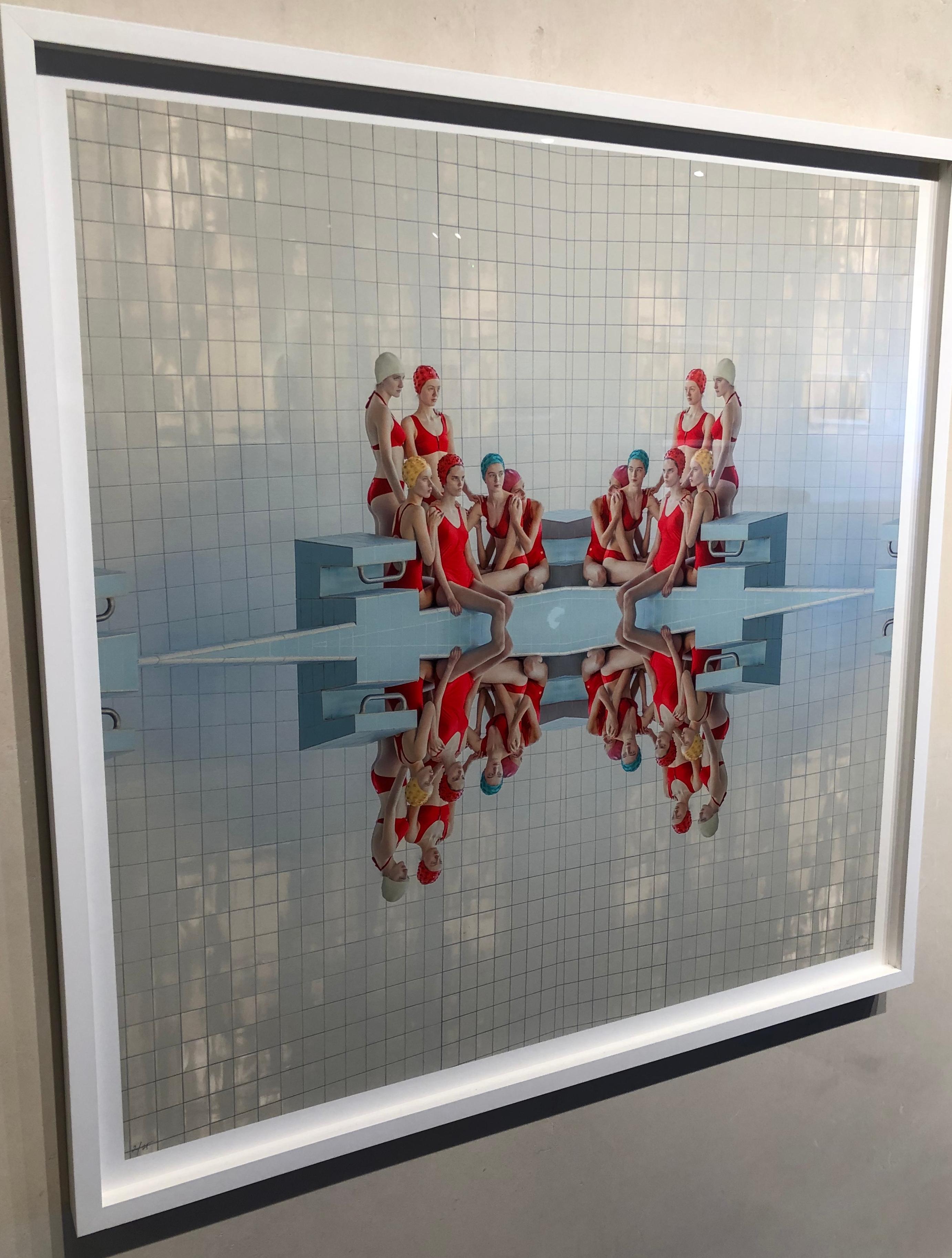 Symmetry- framed 30 x 30 geometric figurative photograph in reds and blues  - Contemporary Photograph by Maria Svarbova