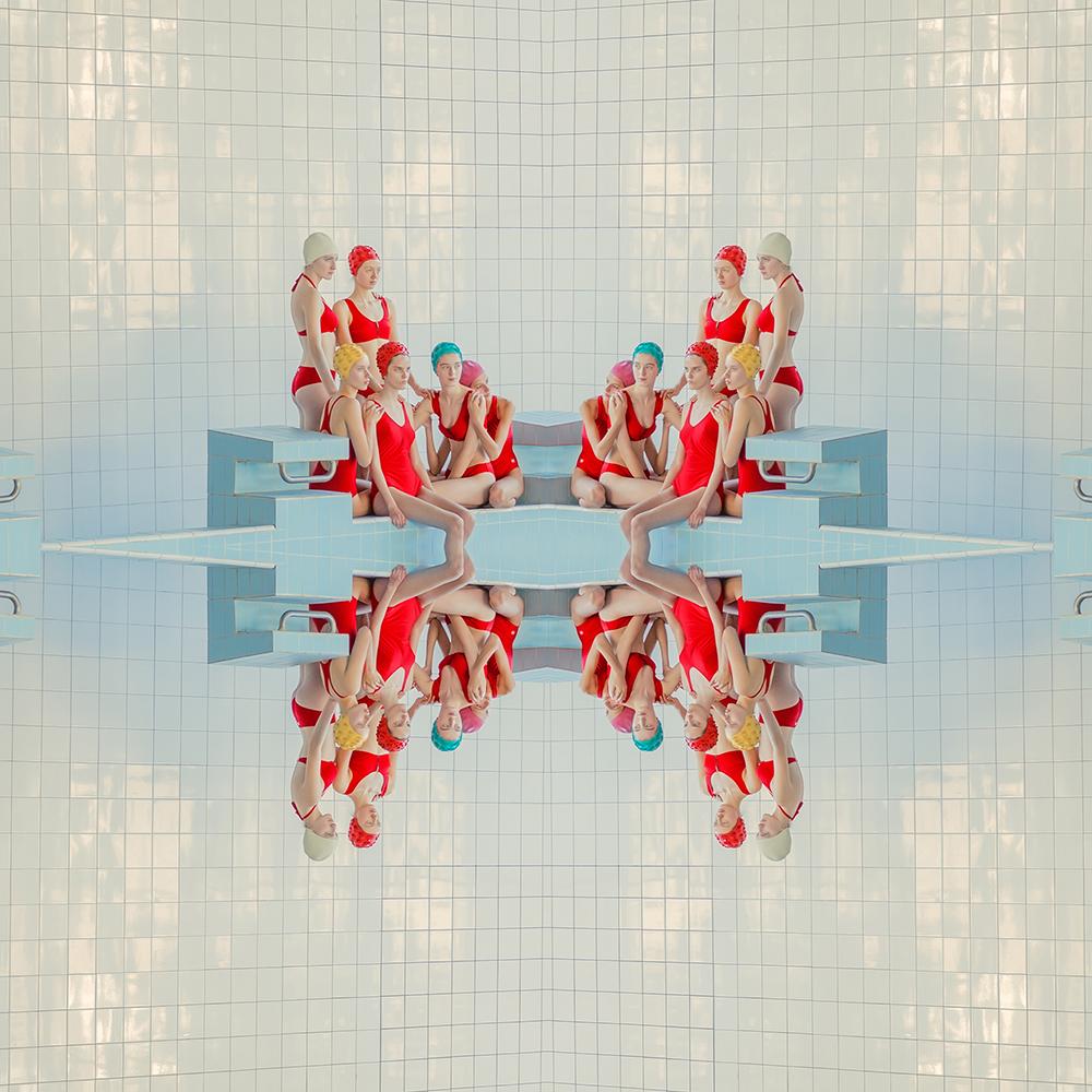 Maria Svarbova Color Photograph - Symmetry- framed 30 x 30 geometric figurative photograph in reds and blues 