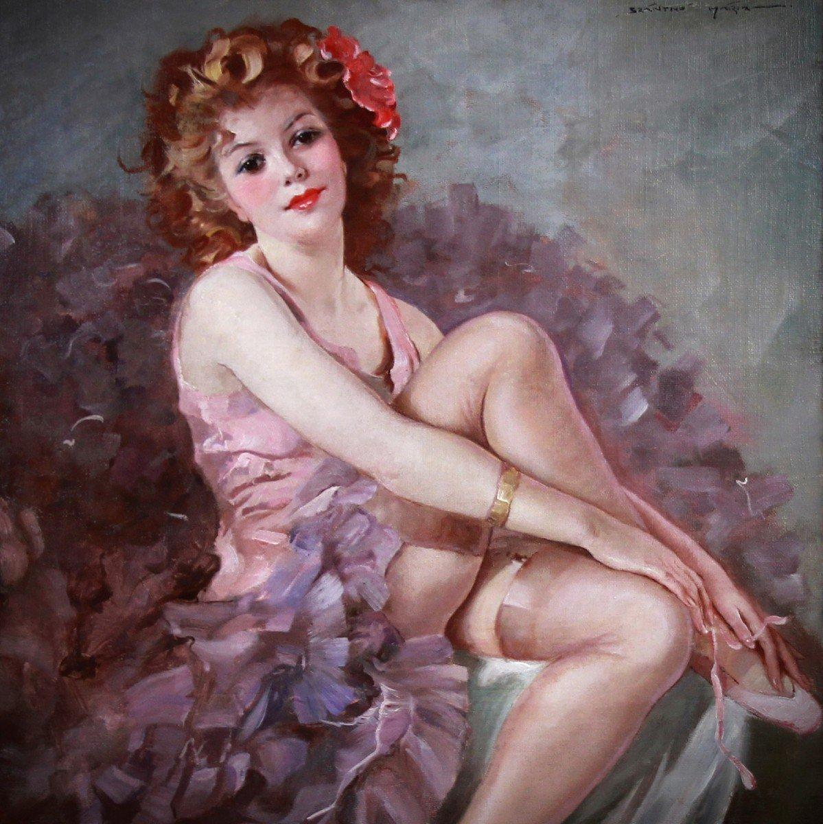 Ölgemälde auf Leinwand Porträt einer sitzenden Ballerina von Maria Szantho, gerahmt im Angebot 1