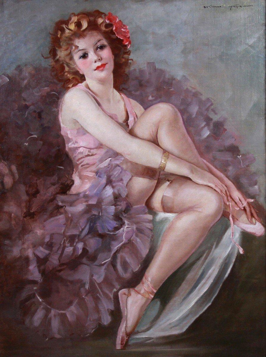 Ölgemälde auf Leinwand Porträt einer sitzenden Ballerina von Maria Szantho, gerahmt im Angebot 2