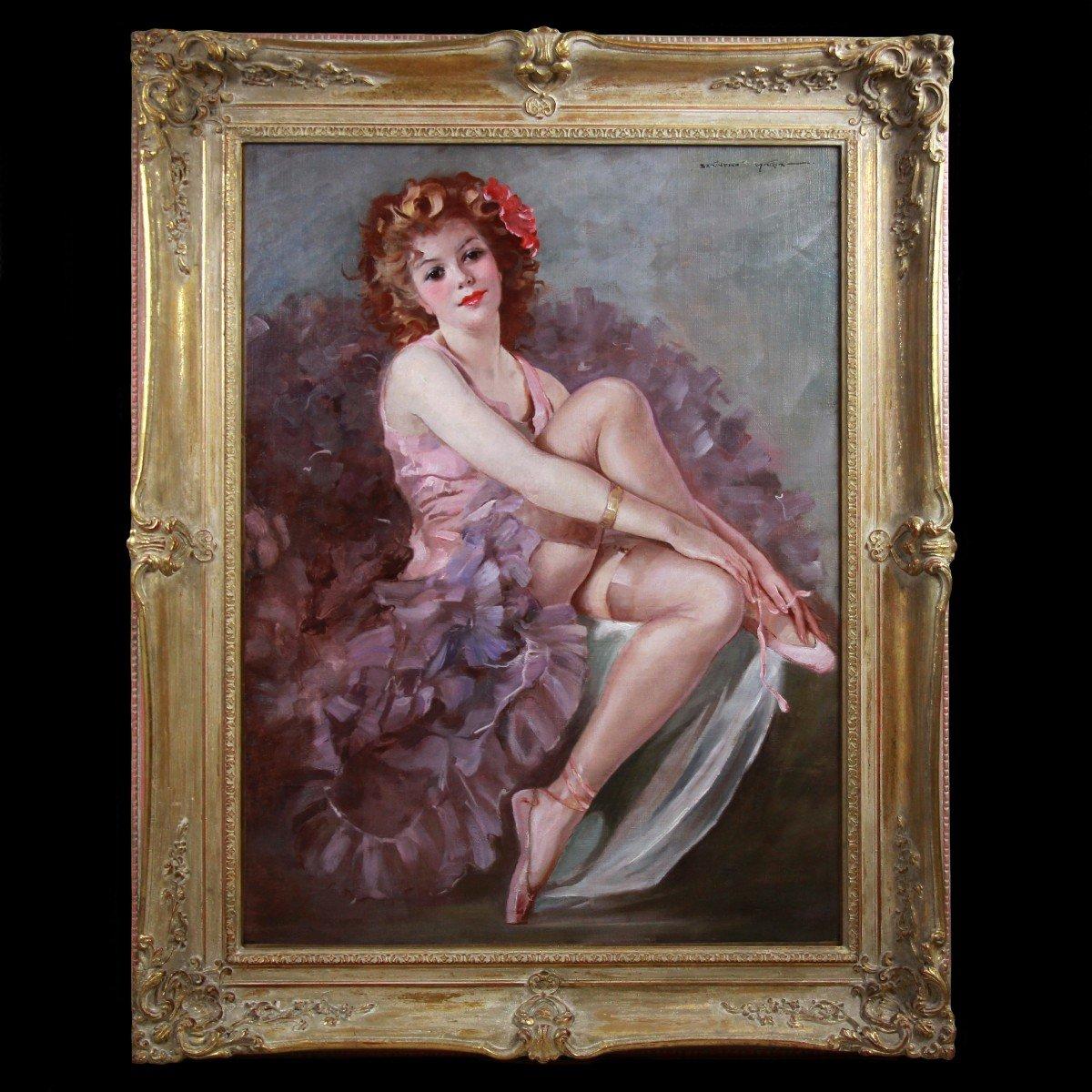 Ölgemälde auf Leinwand Porträt einer sitzenden Ballerina von Maria Szantho, gerahmt im Angebot 3