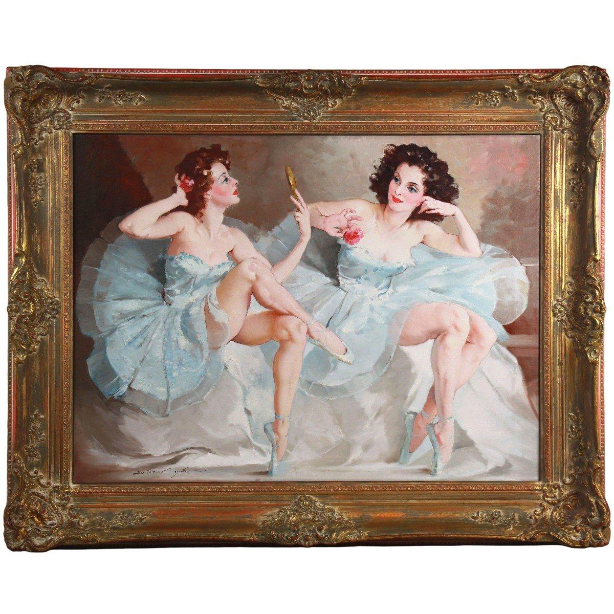 Oil On Canvas " two ballerinas " By Maria Szantho with Frame
