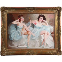 Retro Oil On Canvas " two ballerinas " By Maria Szantho with Frame