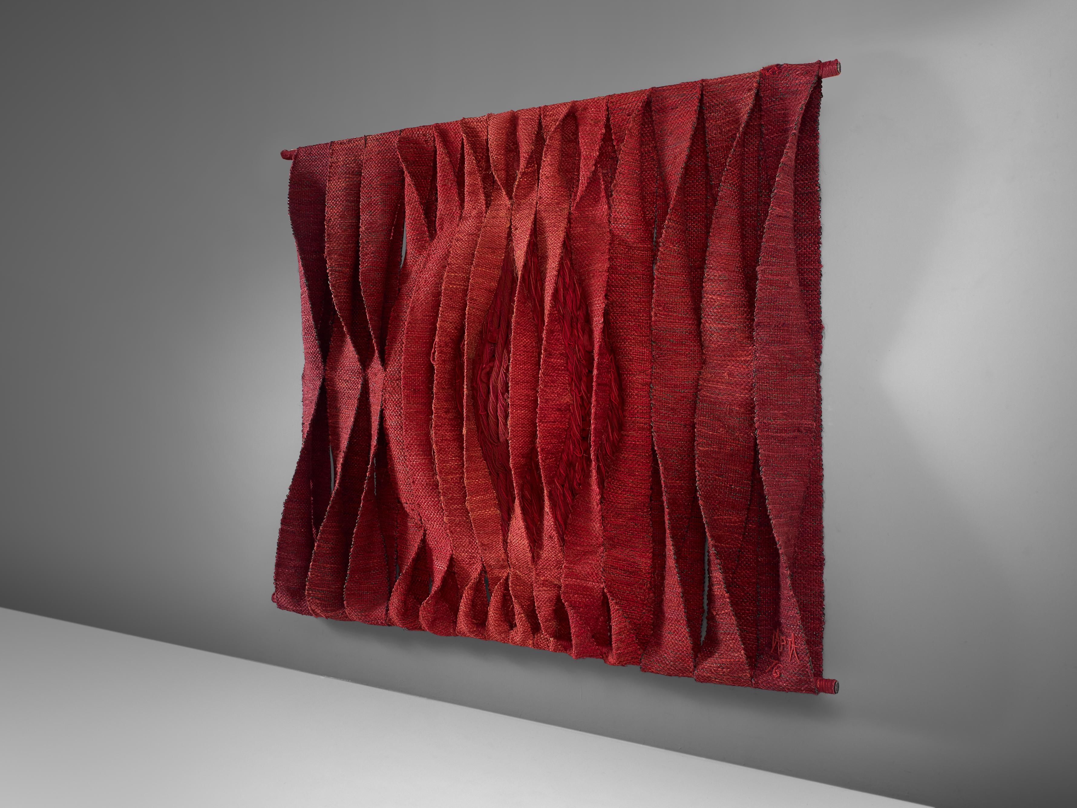 Maria Tapta Large Wall Sculpture in Red Textiles, Belgium, 1975 In Good Condition In Waalwijk, NL