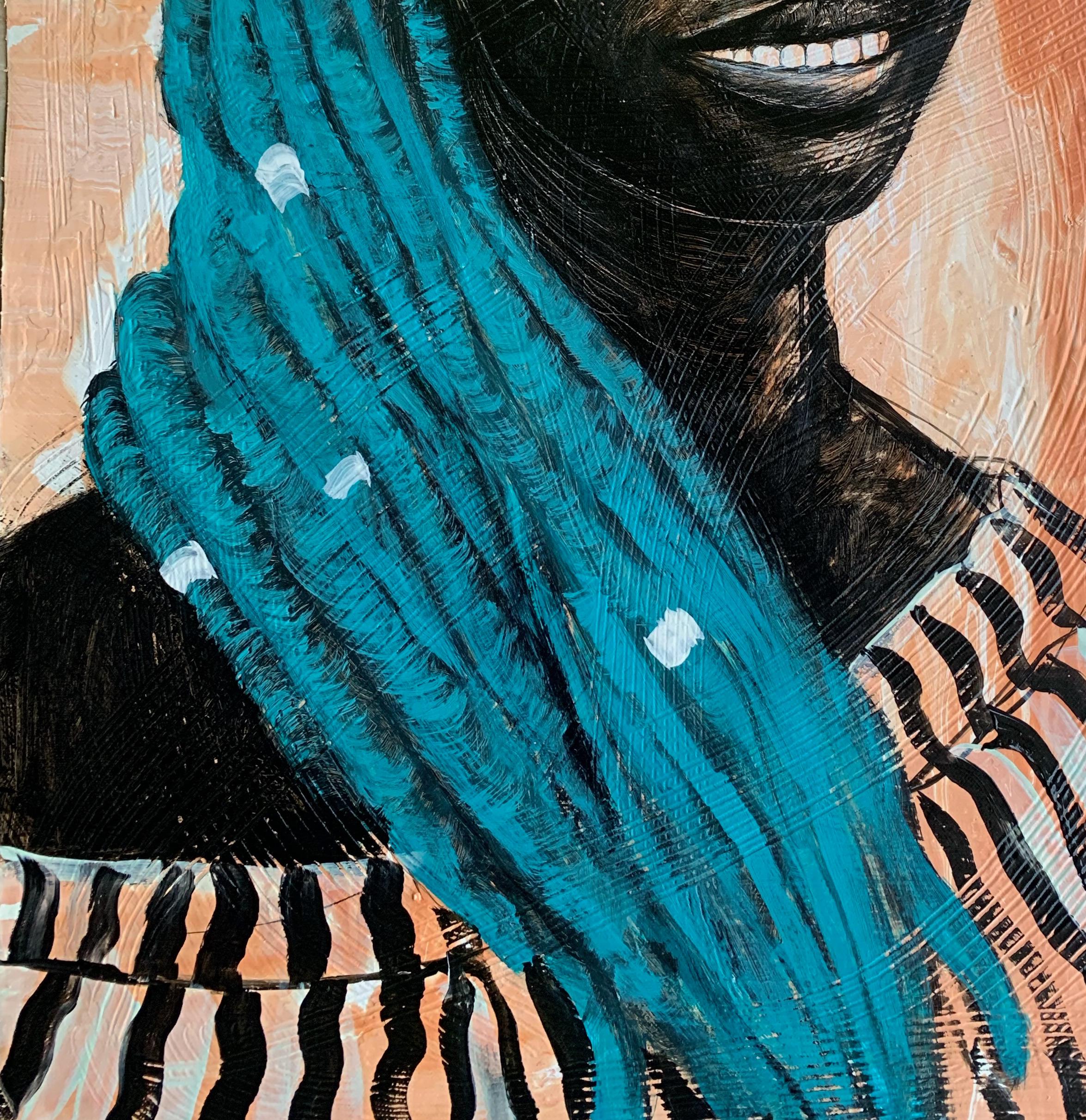 Dietro il sorriso - Figurative Painting Blu di Maria Tendo