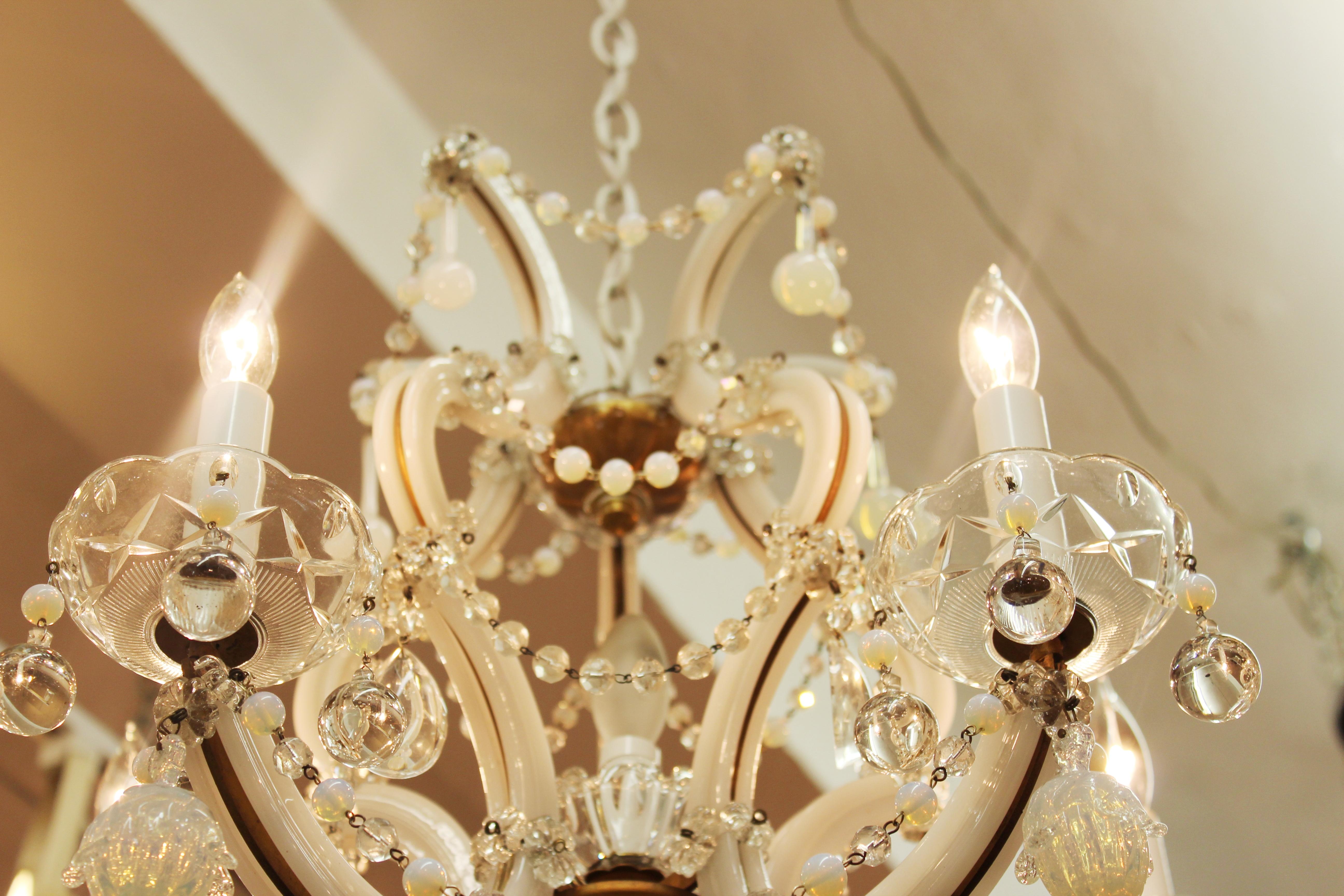 Maria Teresa Milk Glass & Brass Chandelier with Crystal and Opalescent Pendants 3