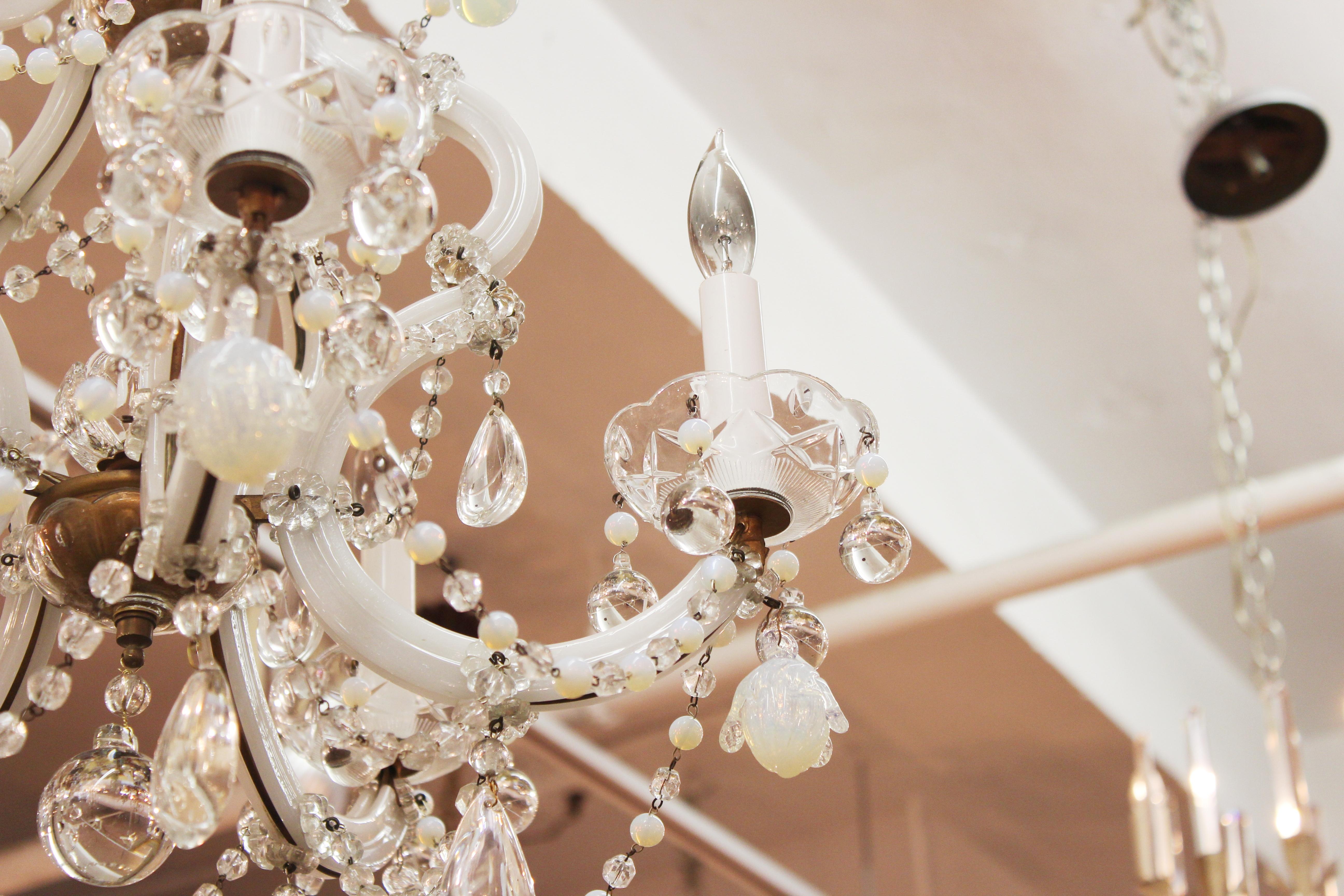 Italian Maria Teresa Milk Glass & Brass Chandelier with Crystal and Opalescent Pendants