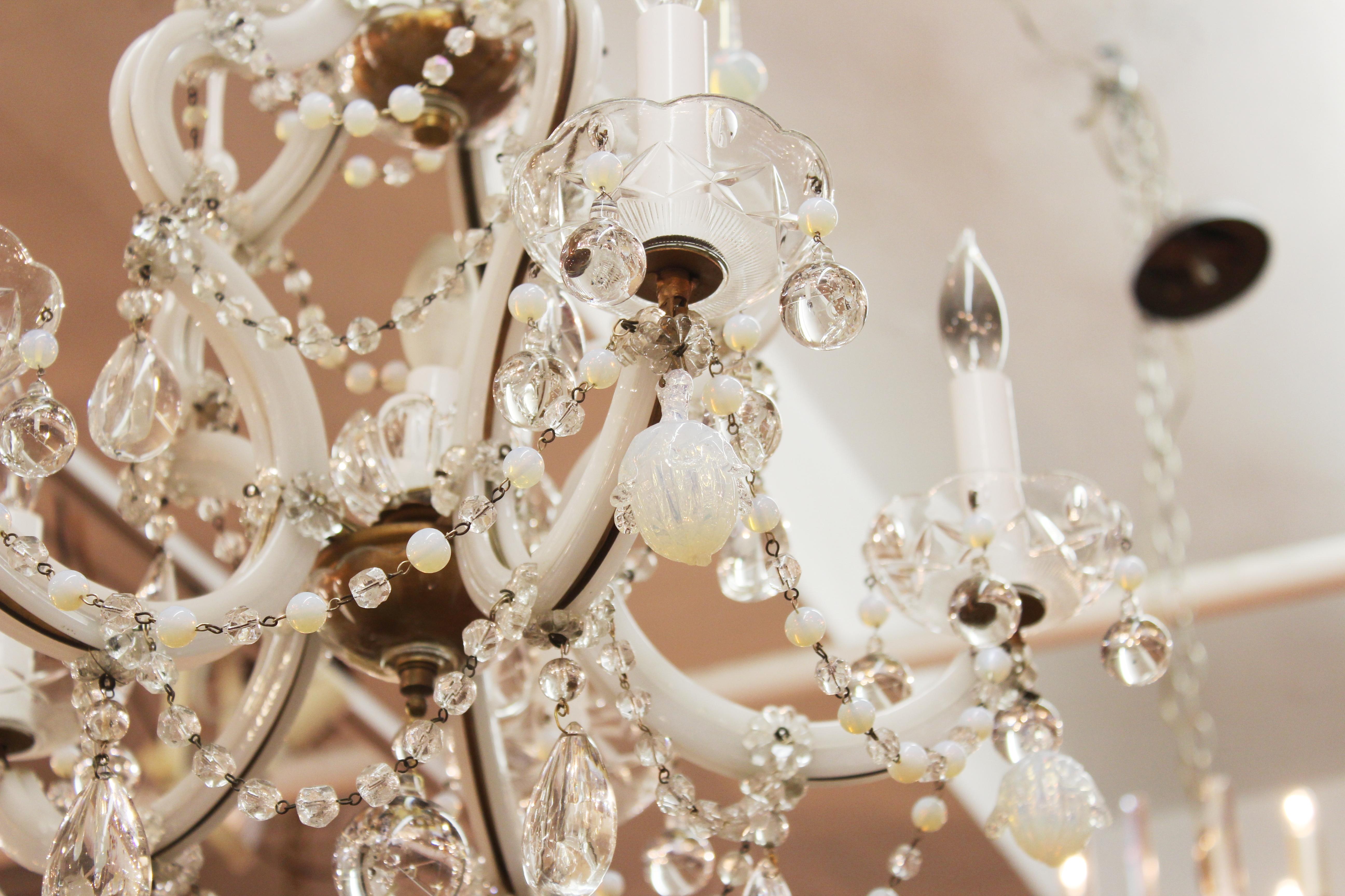 Maria Teresa Milk Glass & Brass Chandelier with Crystal and Opalescent Pendants In Good Condition In New York, NY