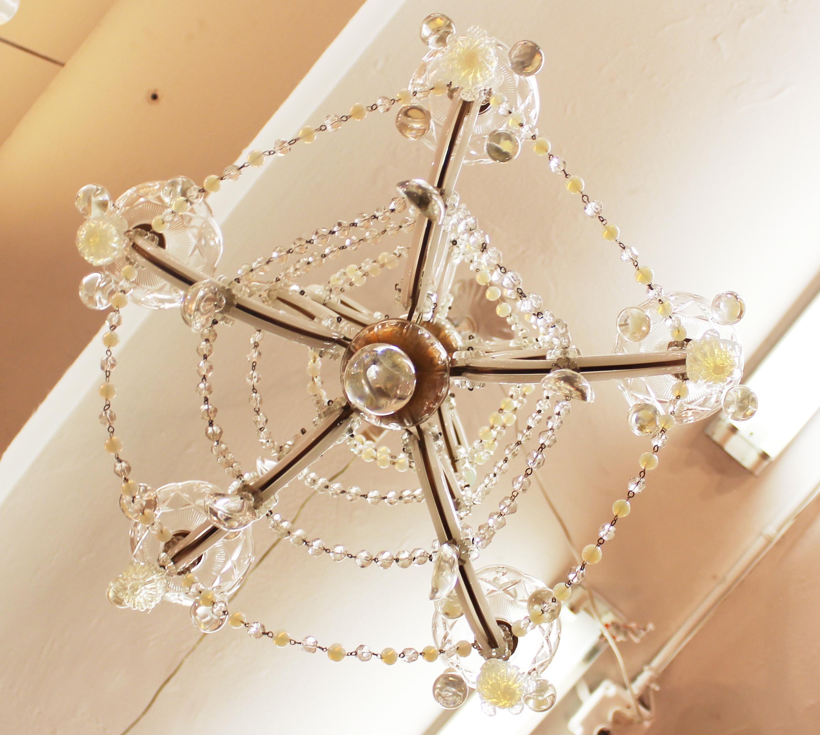 Mid-20th Century Maria Teresa Milk Glass & Brass Chandelier with Crystal and Opalescent Pendants