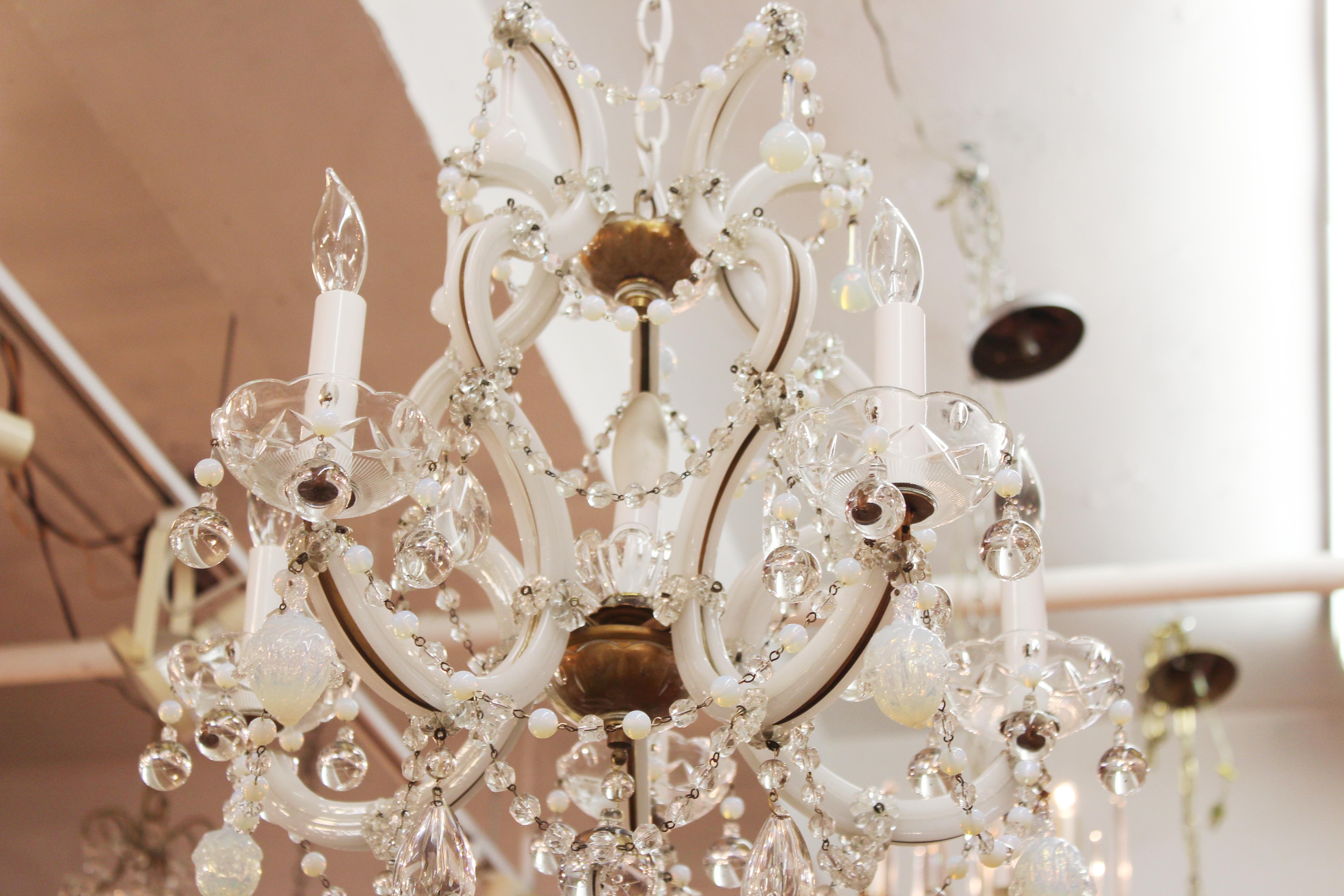 Maria Teresa Milk Glass & Brass Chandelier with Crystal and Opalescent Pendants 1