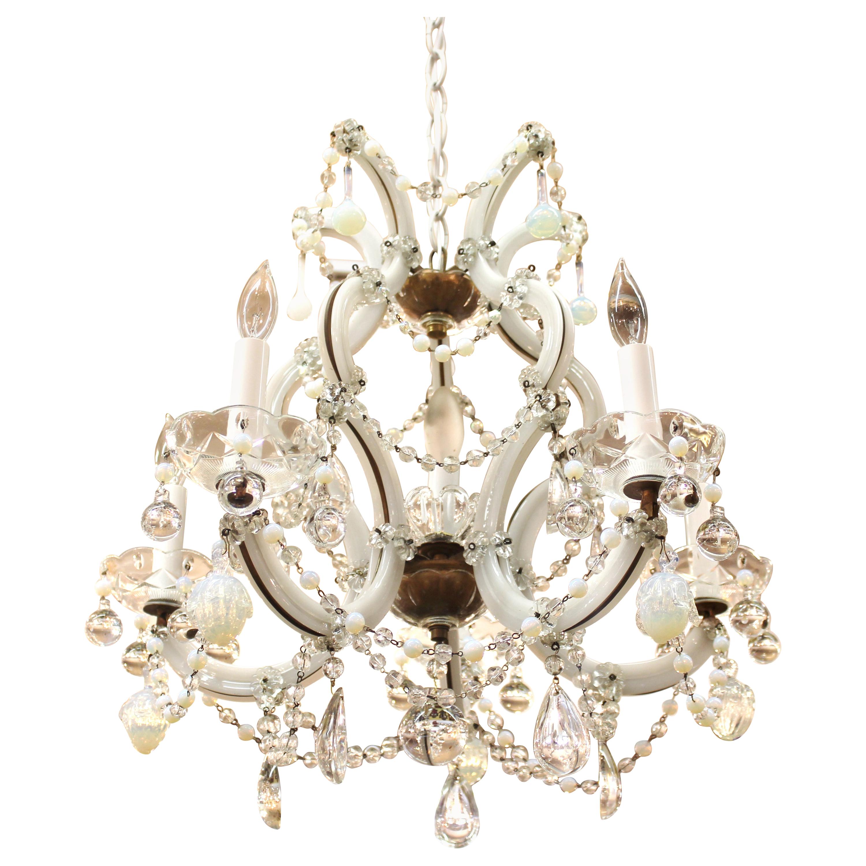Maria Teresa Milk Glass & Brass Chandelier with Crystal and Opalescent Pendants