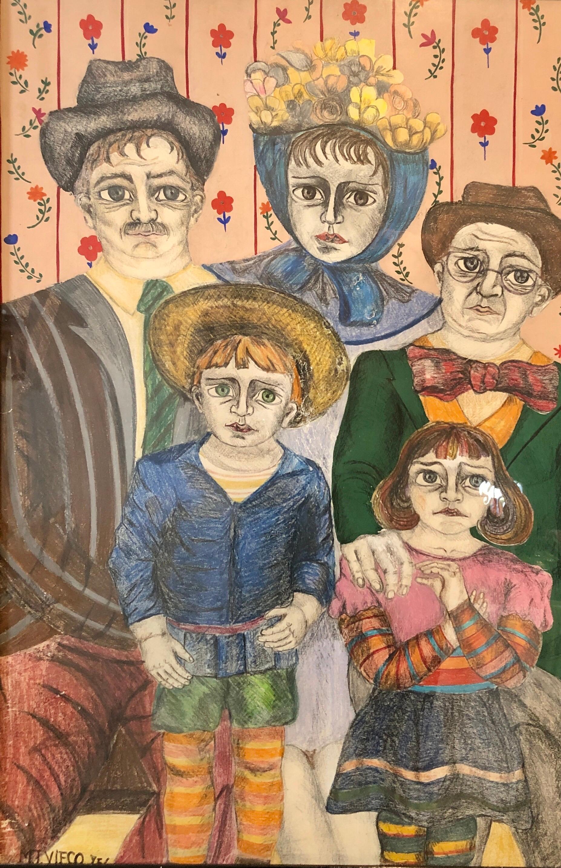 Volkskunst, Naive, Lateinamerikanische Kunst, Familienporträt im Stil eines chinesischen Ahnenporträts.

Maria Teresa Vieco ist eine kolumbianische Künstlerin, die 1953 in Bogota geboren wurde. Sie besuchte das französische Lycée in Bogotá, bevor