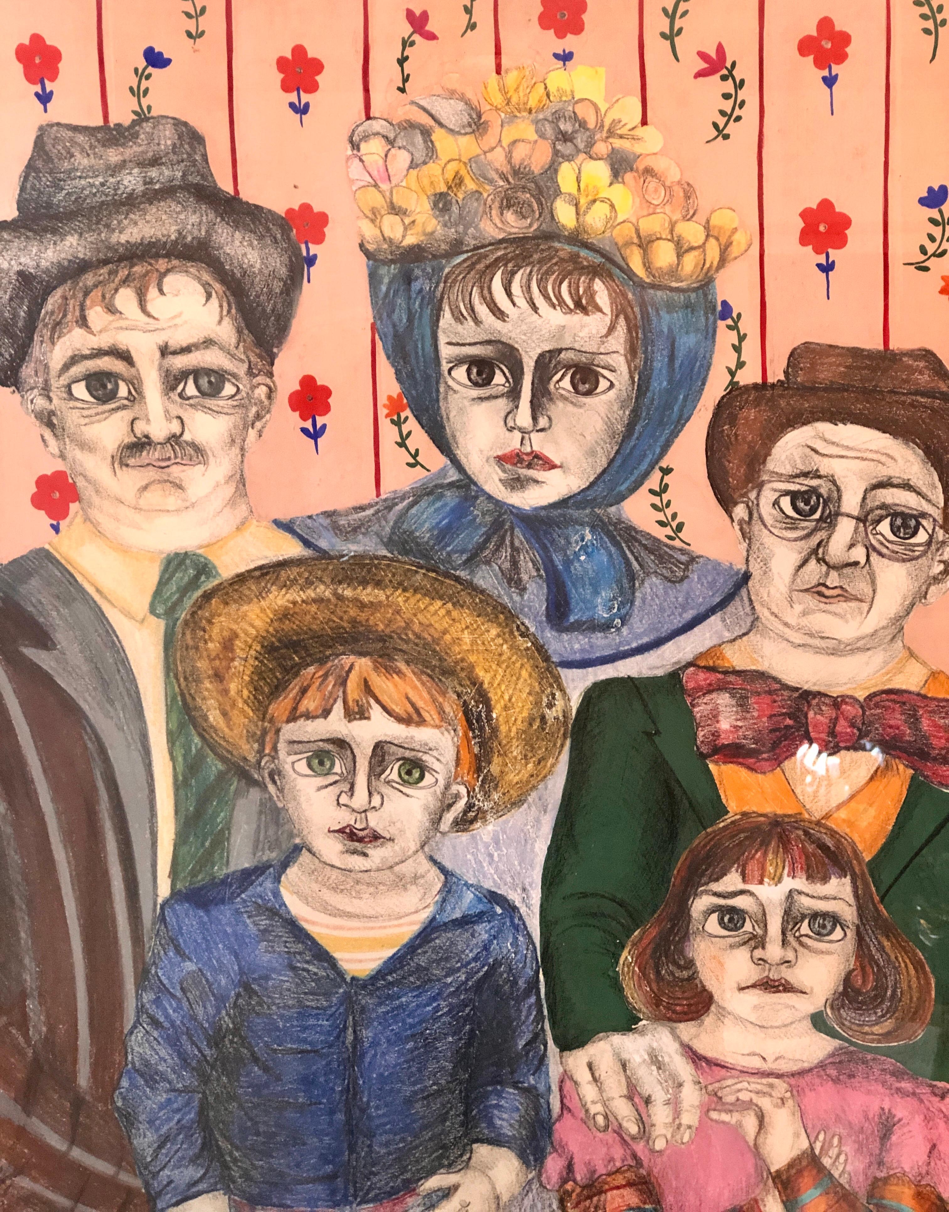 Lateinamerikanische Volkskunst-Familienporträt kolumbianisches naives Gemälde, Farbzeichnung im Angebot 1
