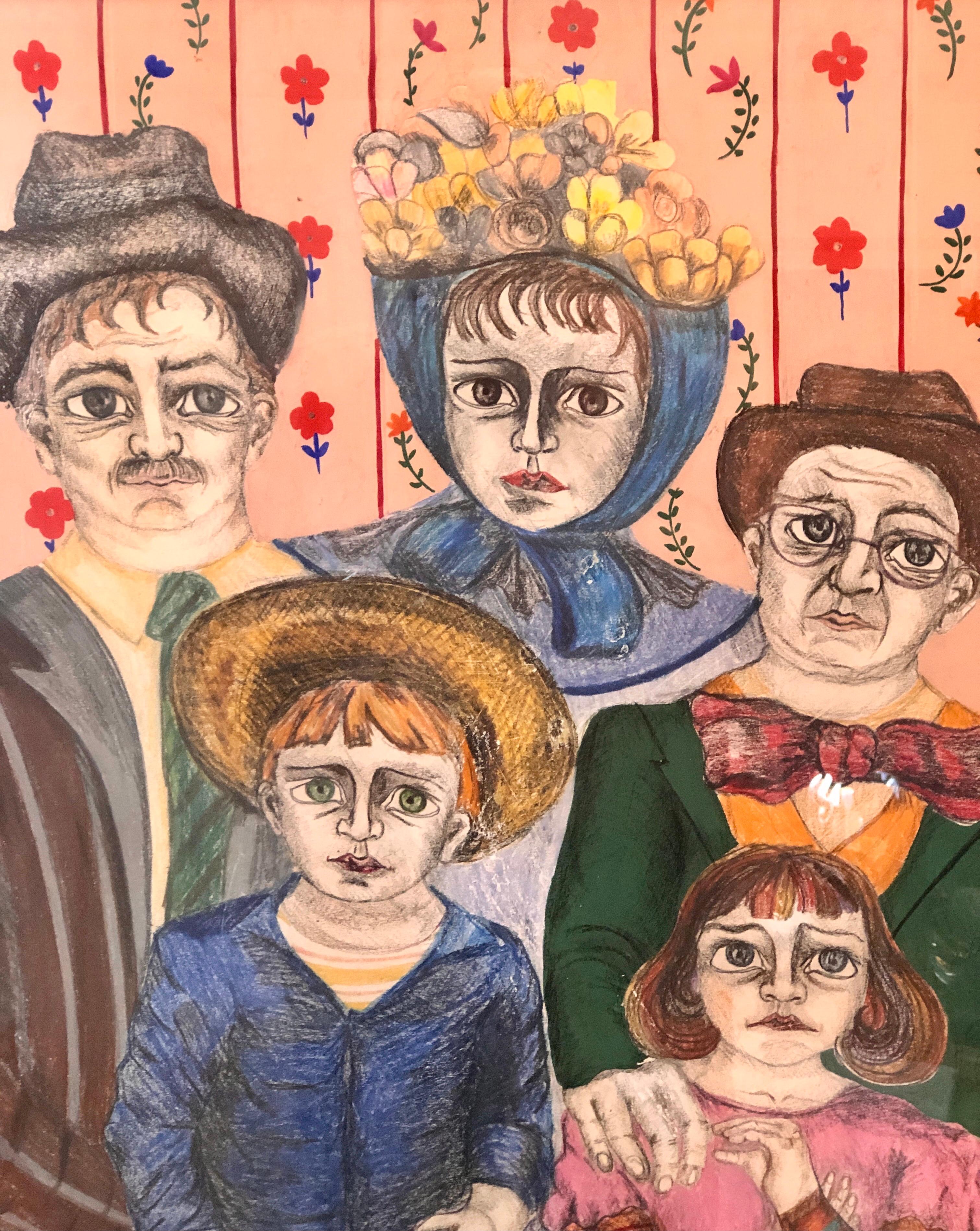Lateinamerikanische Volkskunst-Familienporträt kolumbianisches naives Gemälde, Farbzeichnung im Angebot 2