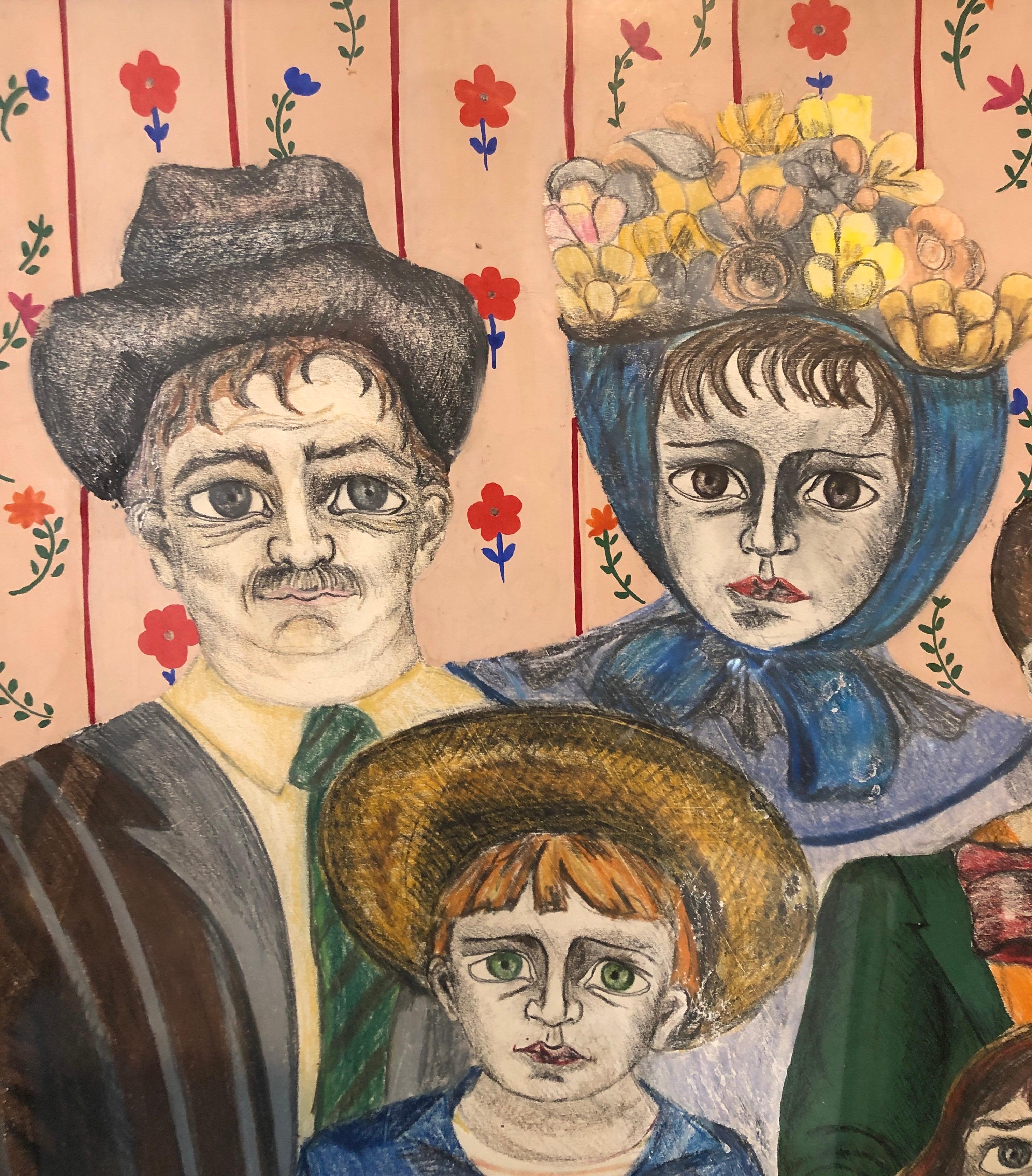 Lateinamerikanische Volkskunst-Familienporträt kolumbianisches naives Gemälde, Farbzeichnung im Angebot 4