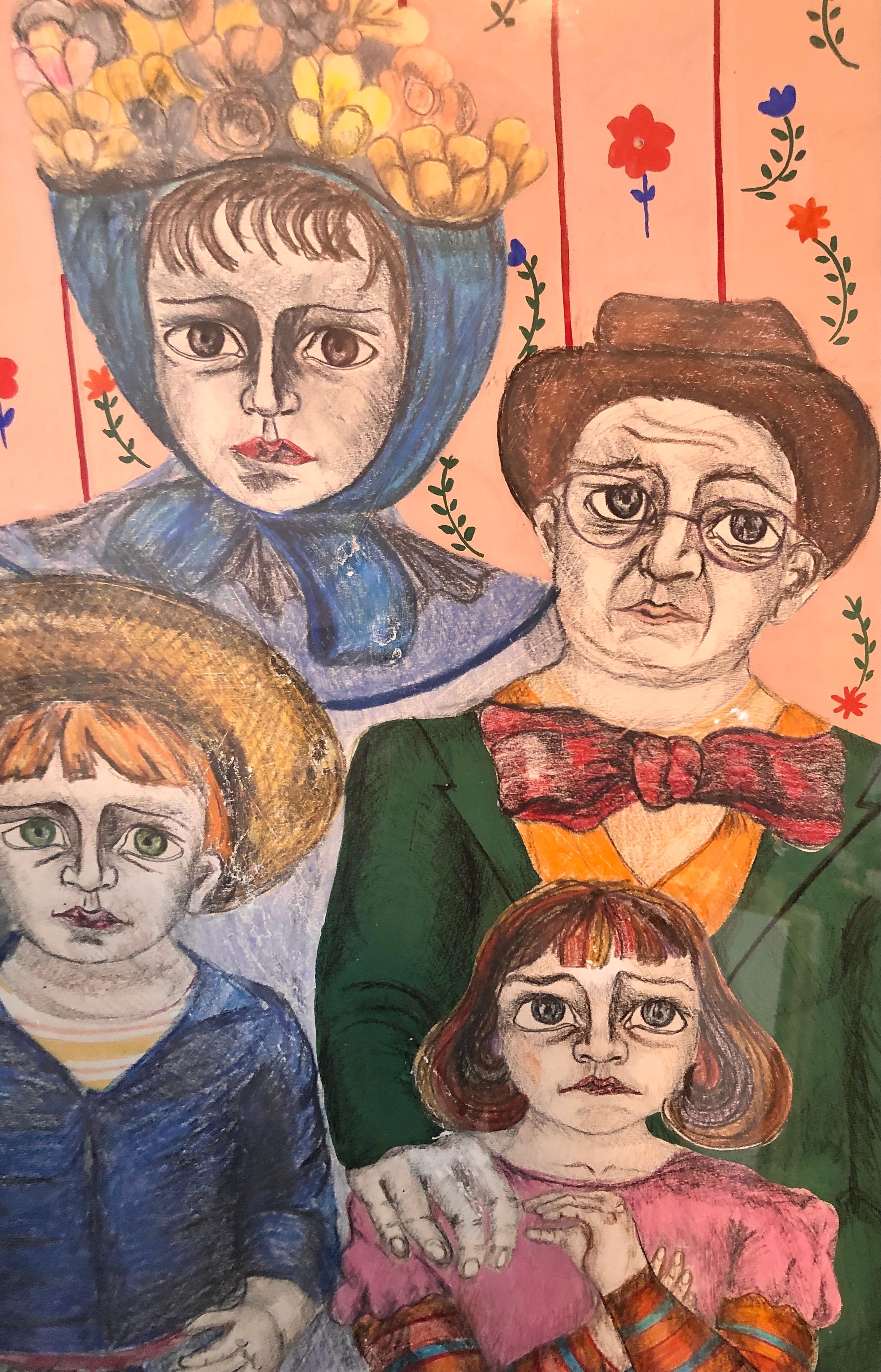 Lateinamerikanische Volkskunst-Familienporträt kolumbianisches naives Gemälde, Farbzeichnung im Angebot 5