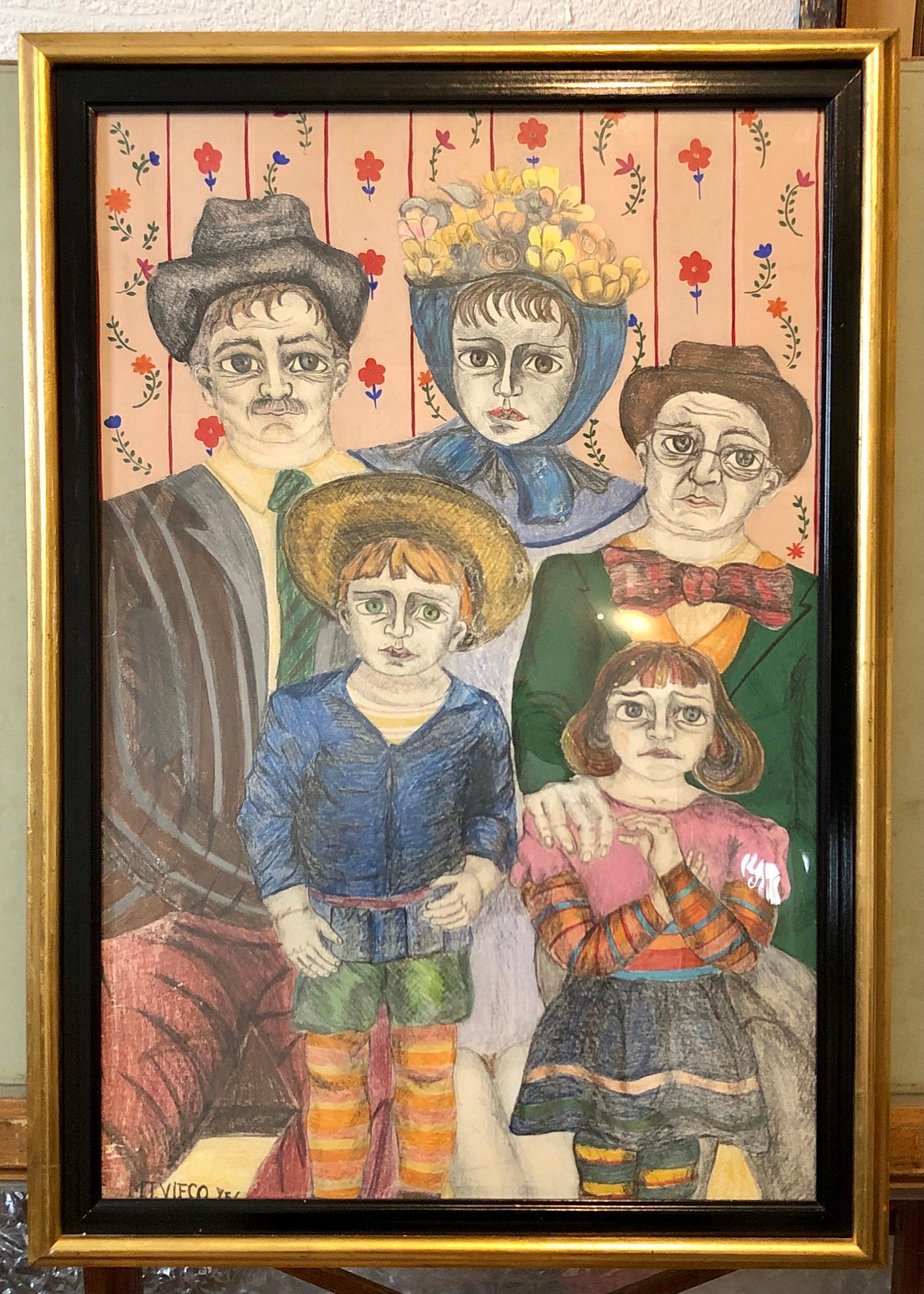 Lateinamerikanische Volkskunst-Familienporträt kolumbianisches naives Gemälde, Farbzeichnung im Angebot 7