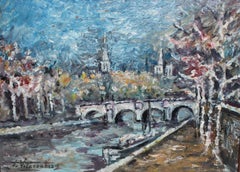 Le Pont Neuf (Paris) - Óleo sobre panel - Firmado y enmarcado