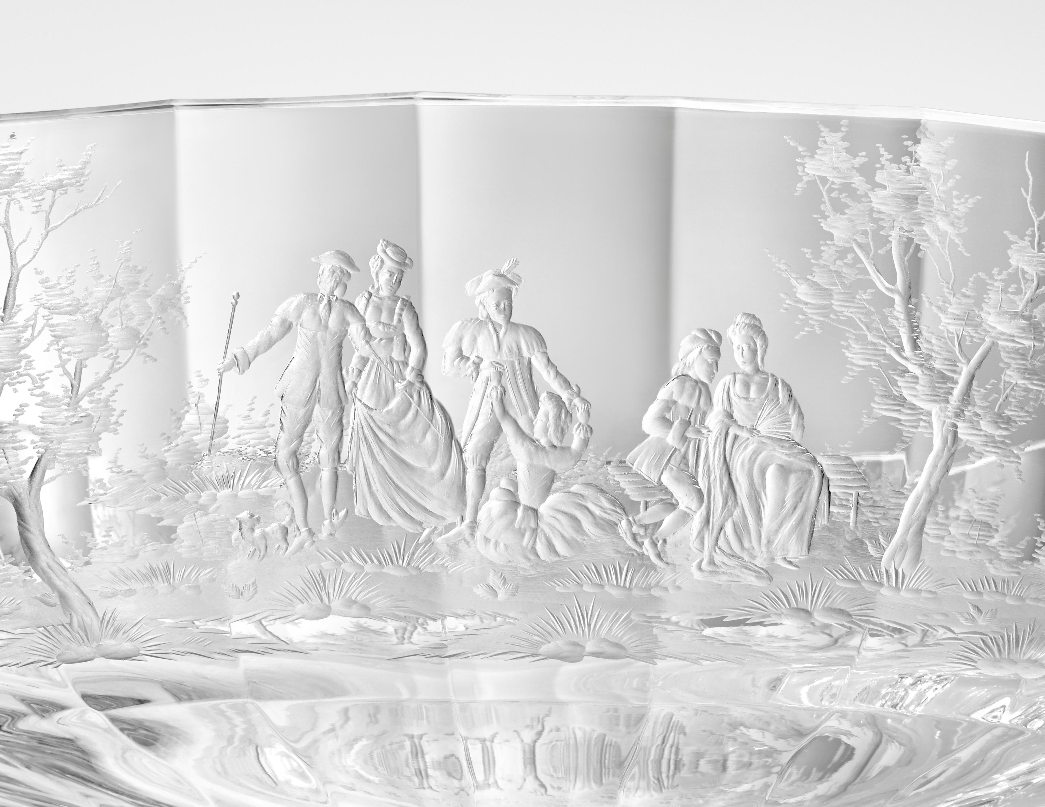 Baroque Maria Theresa Bowl Hand Engraved Watteau Motif Clear For Sale