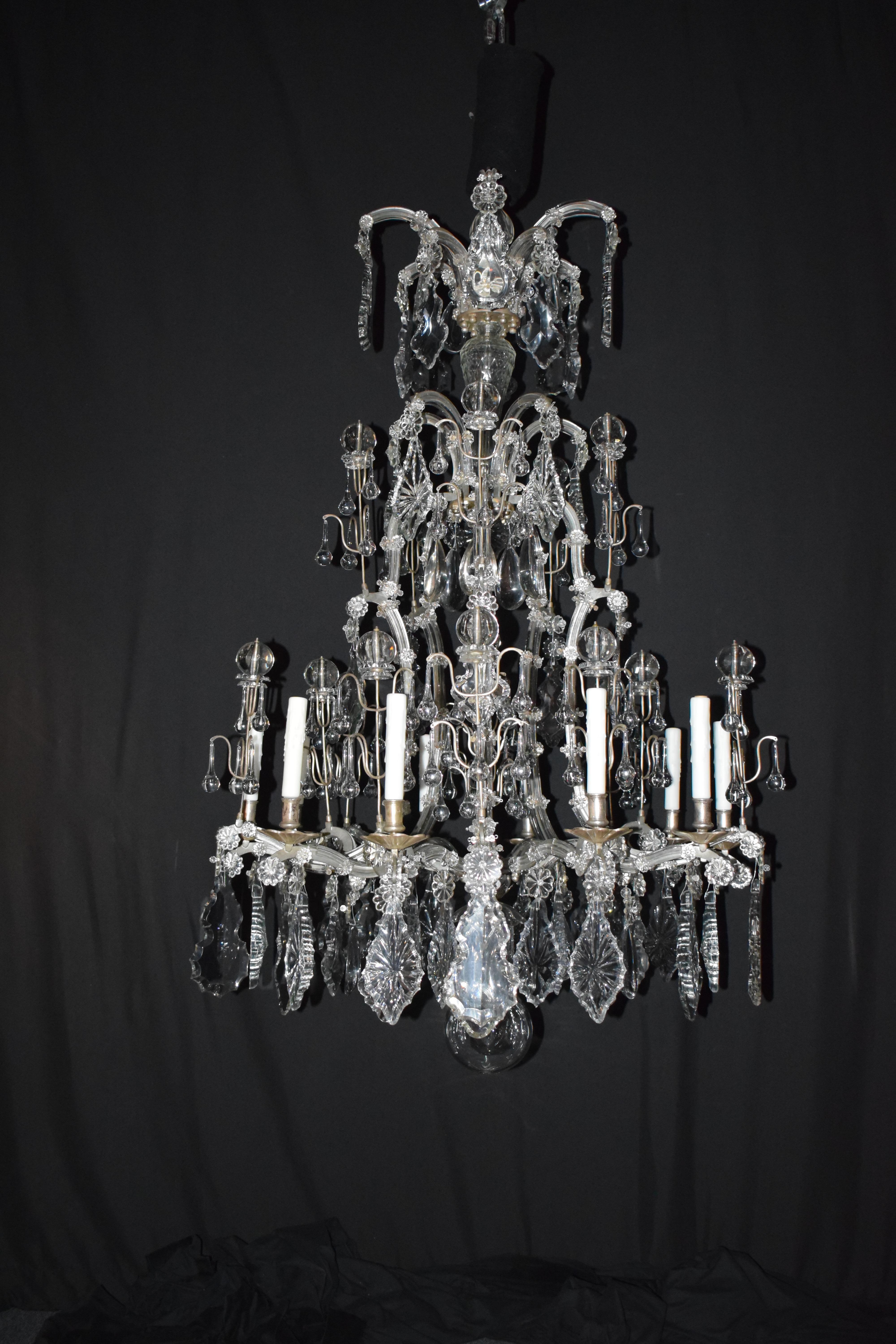 A Superb Maria Theresa Chandelier. Silver over Bronze & Crystal. Exquisite detail. Austria circa 1900, 10 Lights.
Dimensions: Height 63