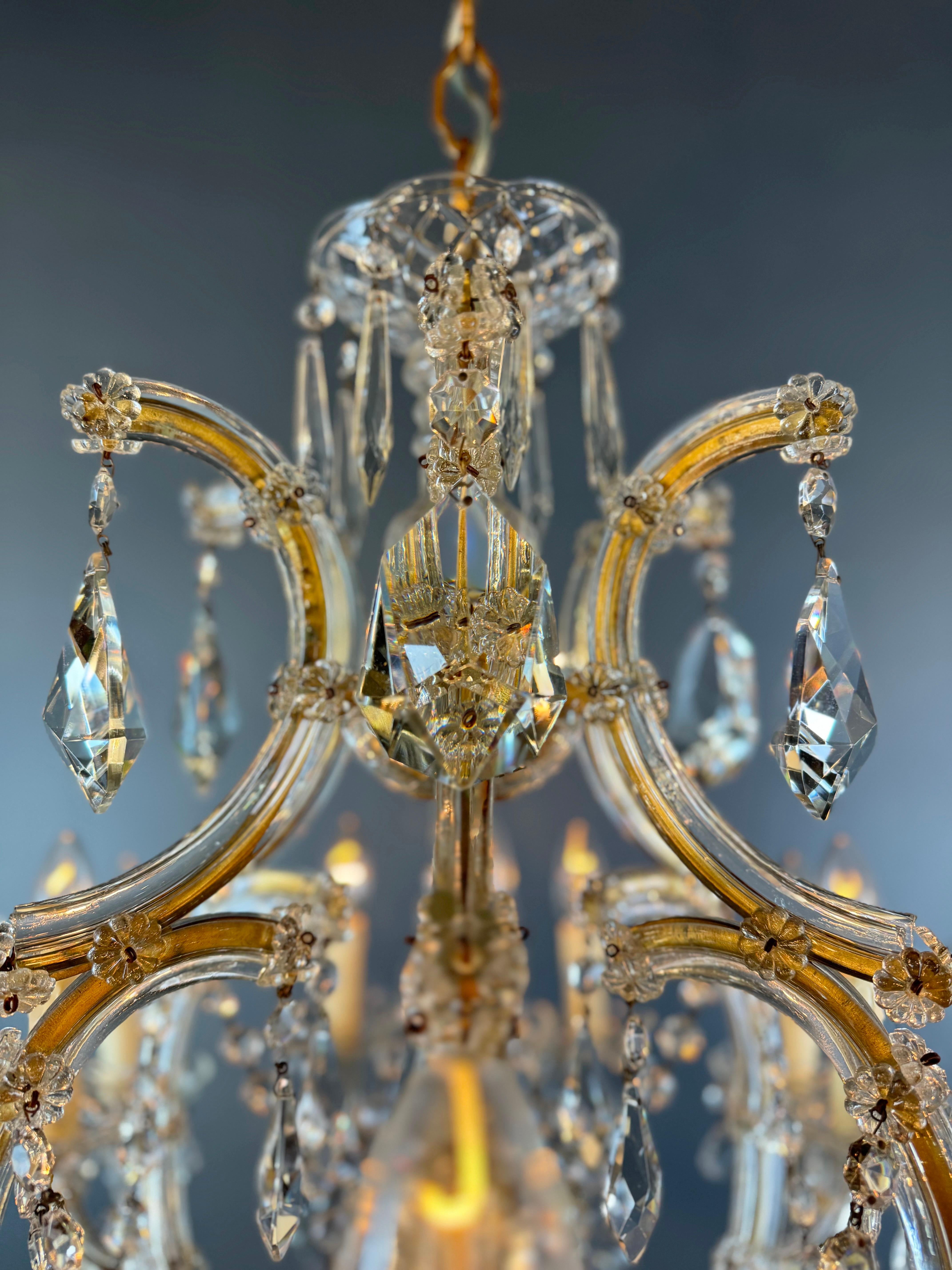 Brass Maria Theresa Clear Crystal Chandelier Antique Luster Glass White Art Nouveau For Sale