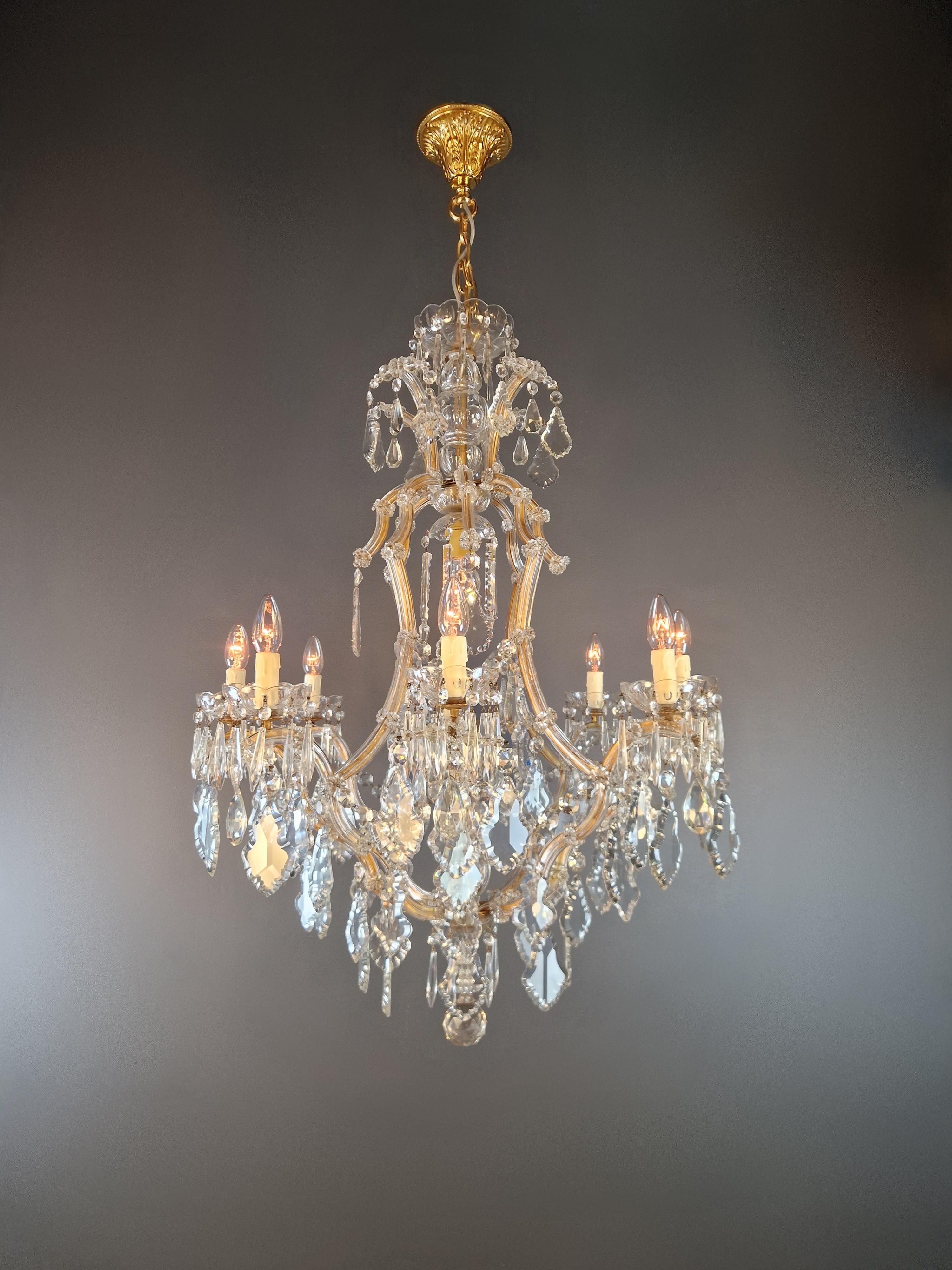 Présentation d'un exquis lustre ancien, mélange d'élégance intemporelle et de restauration méticuleuse réalisée avec soin à Berlin. Ce lustre porte gracieusement la patine de son âge tout en étant rajeuni de manière experte pour retrouver sa