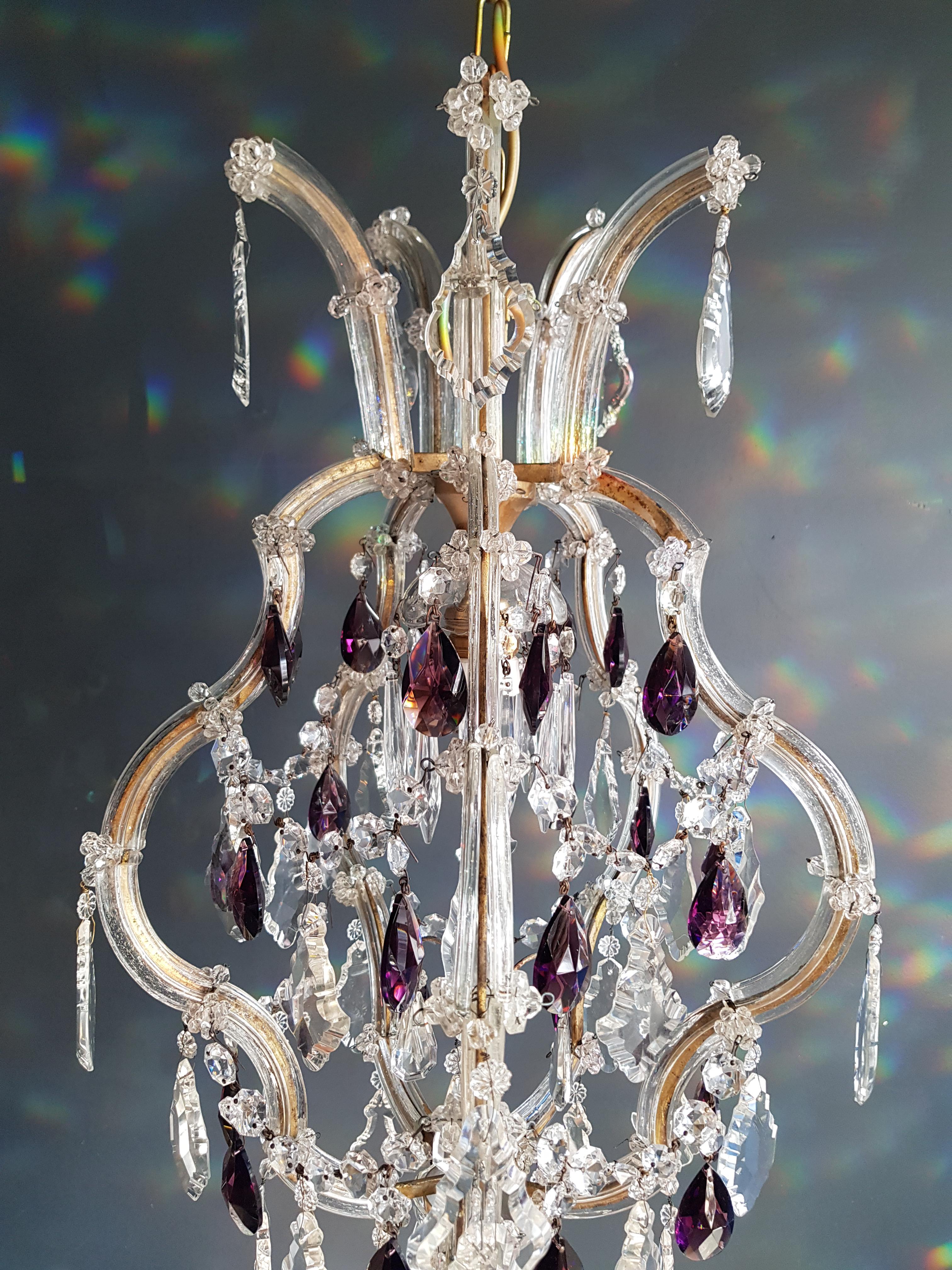 Mid-Century Modern Maria Theresa Crystal Purple Chandelier Antique Ceiling Lamp Lustre Art Nouveau For Sale