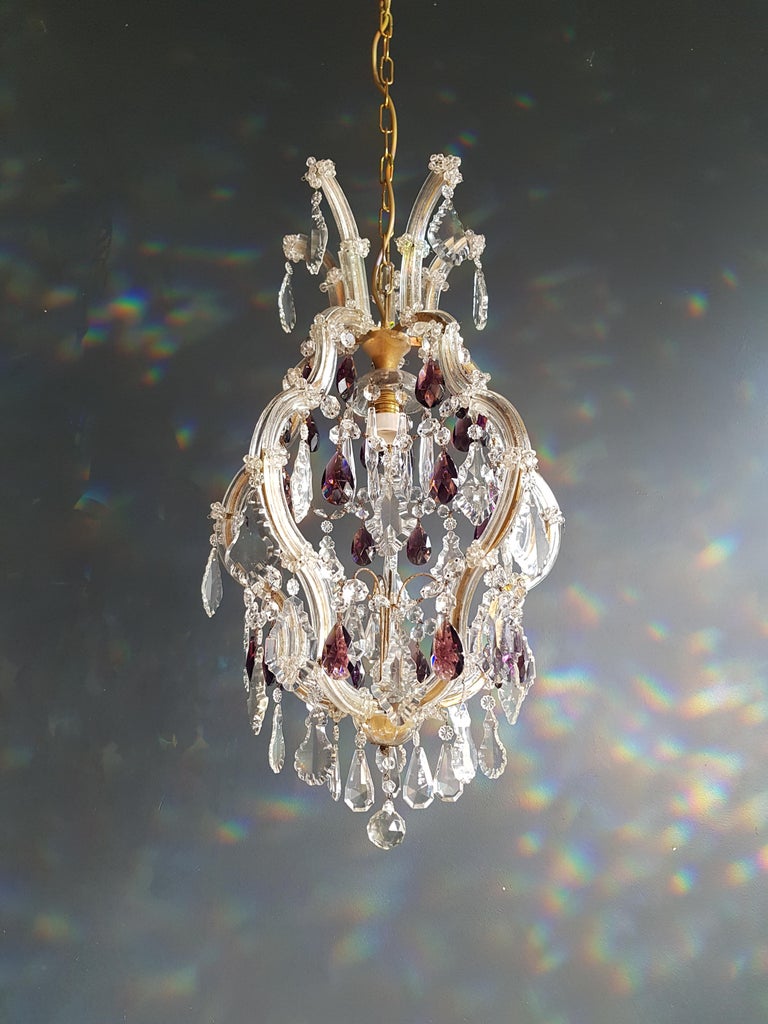 Mid-20th Century Maria Theresa Crystal Purple Chandelier Antique Ceiling Lamp Lustre Art Nouveau For Sale