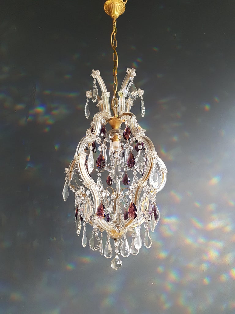 Glass Maria Theresa Crystal Purple Chandelier Antique Ceiling Lamp Lustre Art Nouveau For Sale