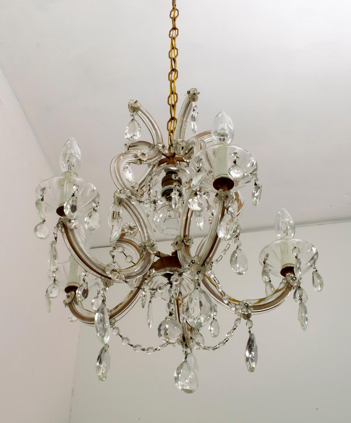 Brass Maria Theresa Mid-Century Modern Italian 6-Light Crystal Chandelier, 1950s