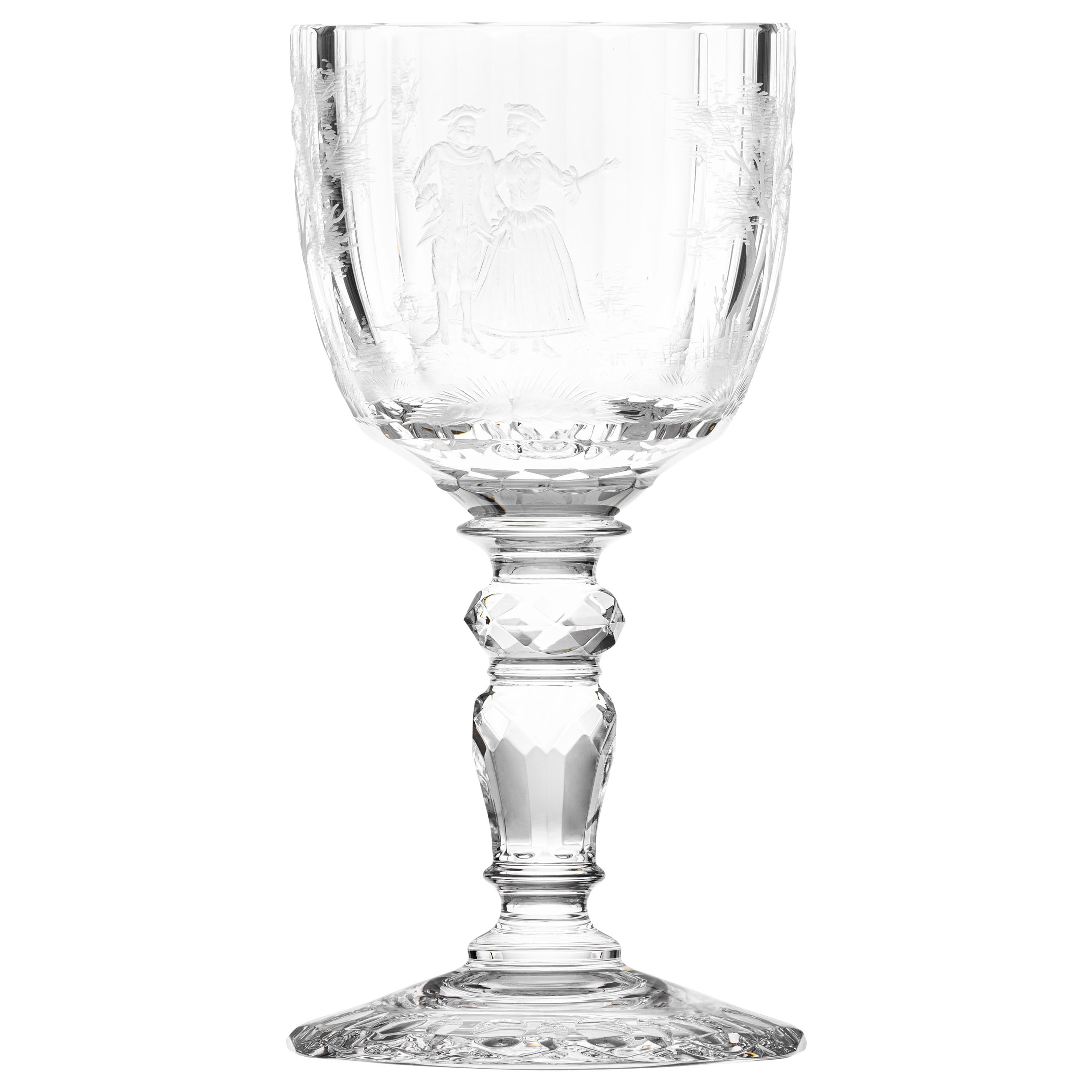 Maria Theresa Red Wine Crystal Goblet Clear, Hand Engraved Watteau Motif, 9.8 oz For Sale