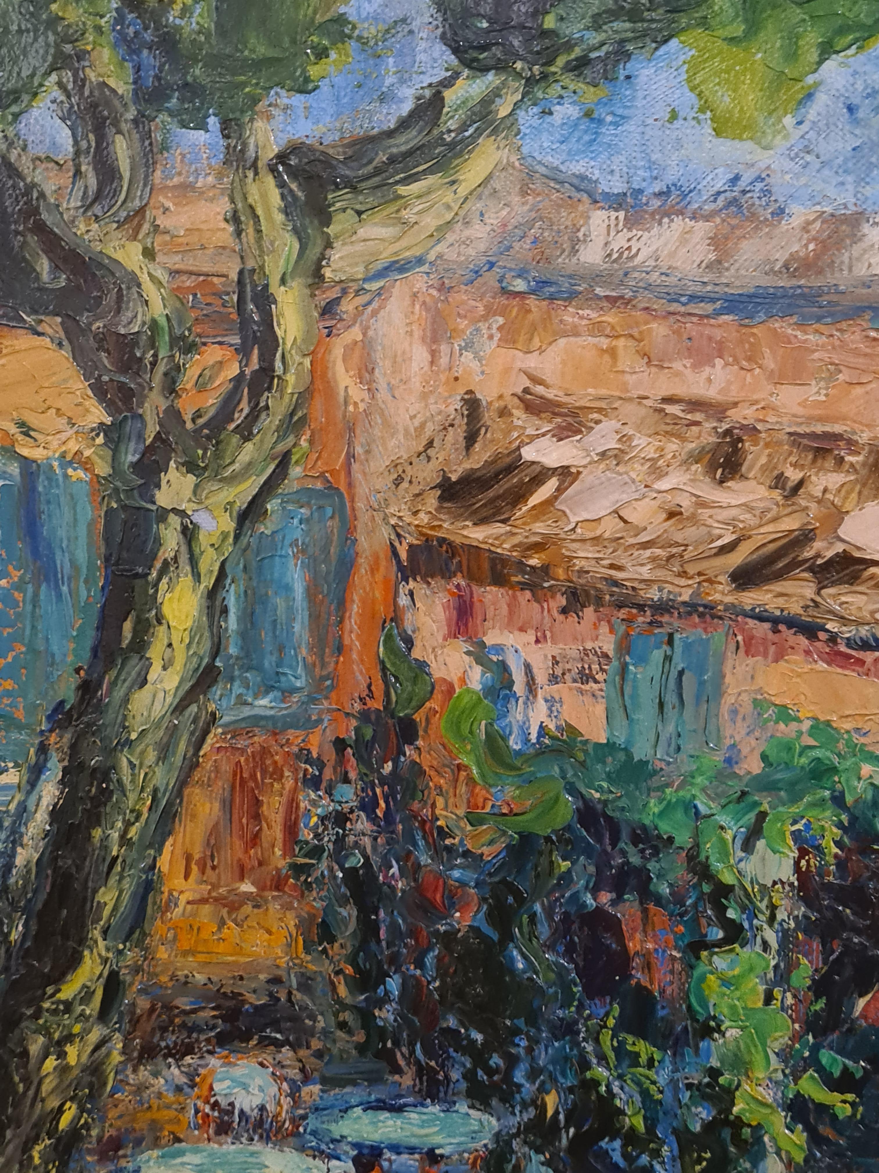 Mid Century French oil on canvas view of the square in Ramatuelle, South of France by Maria Tordo. Signed bottom right, resigned, dated, titled and other details to the back of the canvas. Presented in fine Montparnasse frame.

A wonderful colourful