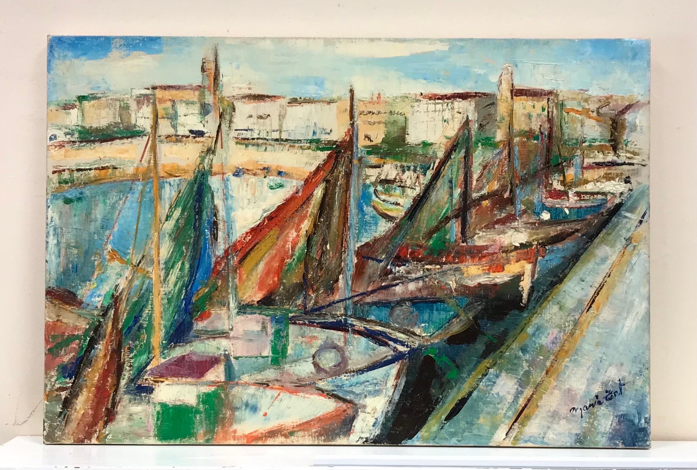 Beautiful Post-Impressionist Oil Boats in Palamos Harbour, Costa Brava, Large - Painting by Maria Tort Xirau