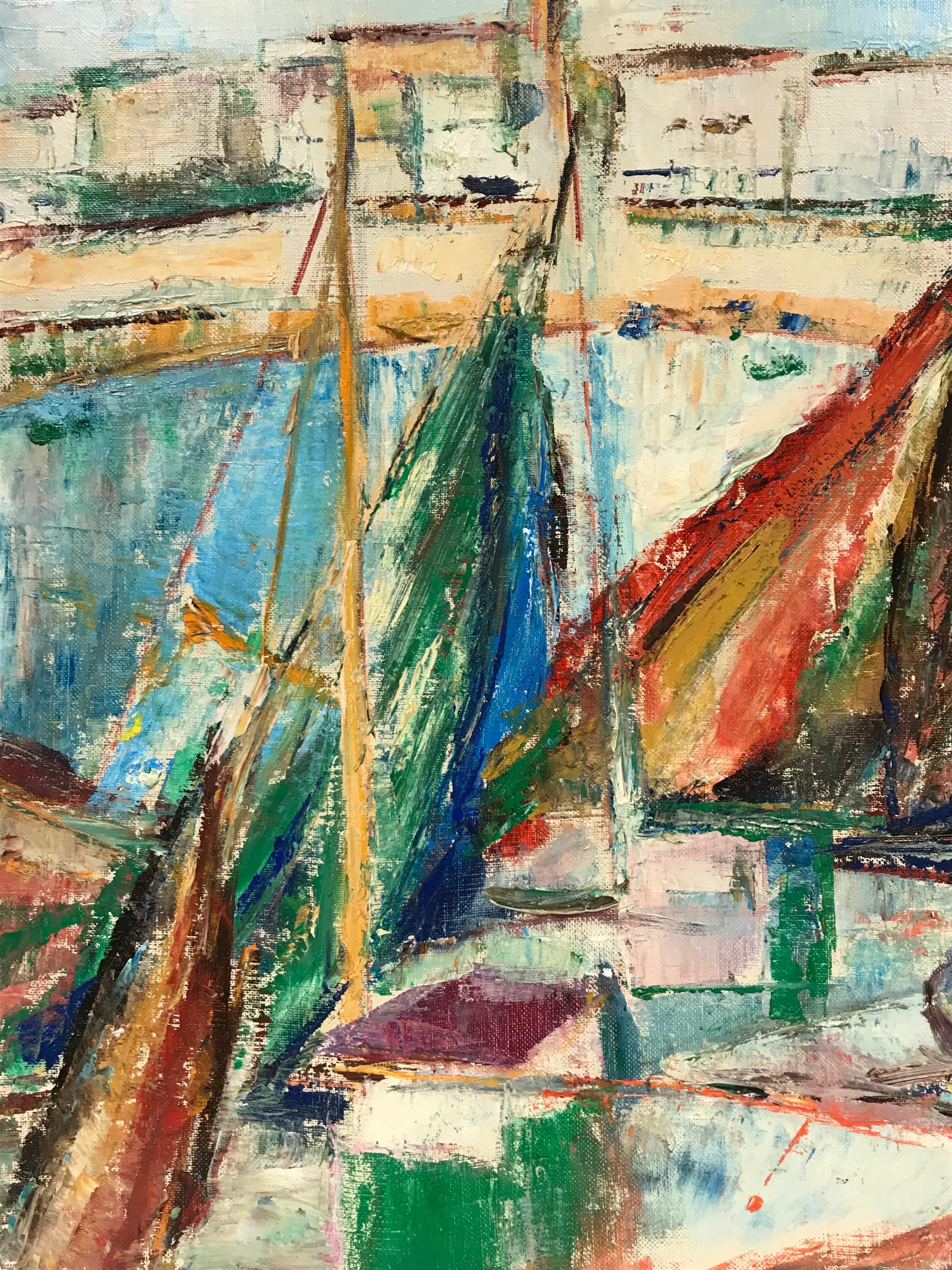 Beautiful Post-Impressionist Oil Boats in Palamos Harbour, Costa Brava, Large - Brown Landscape Painting by Maria Tort Xirau