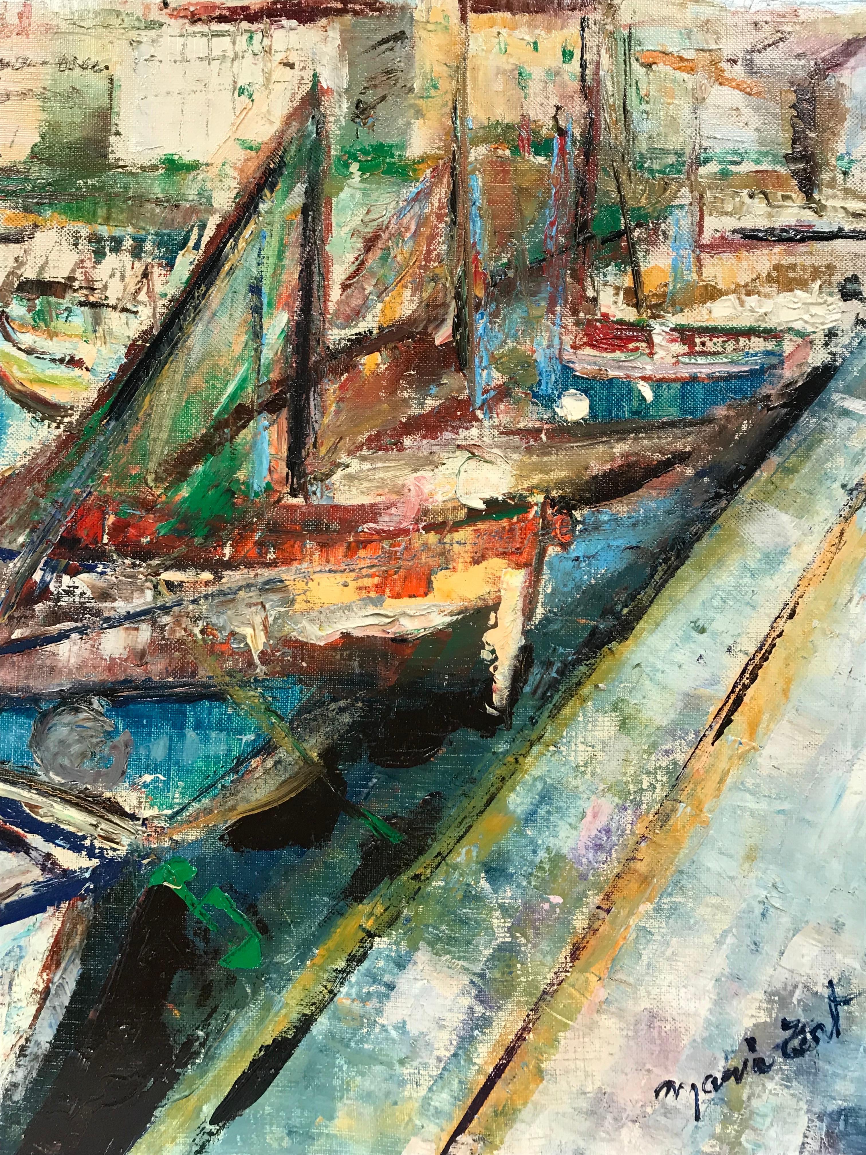 Beautiful Post-Impressionist Oil Boats in Palamos Harbour, Costa Brava, Large For Sale 1