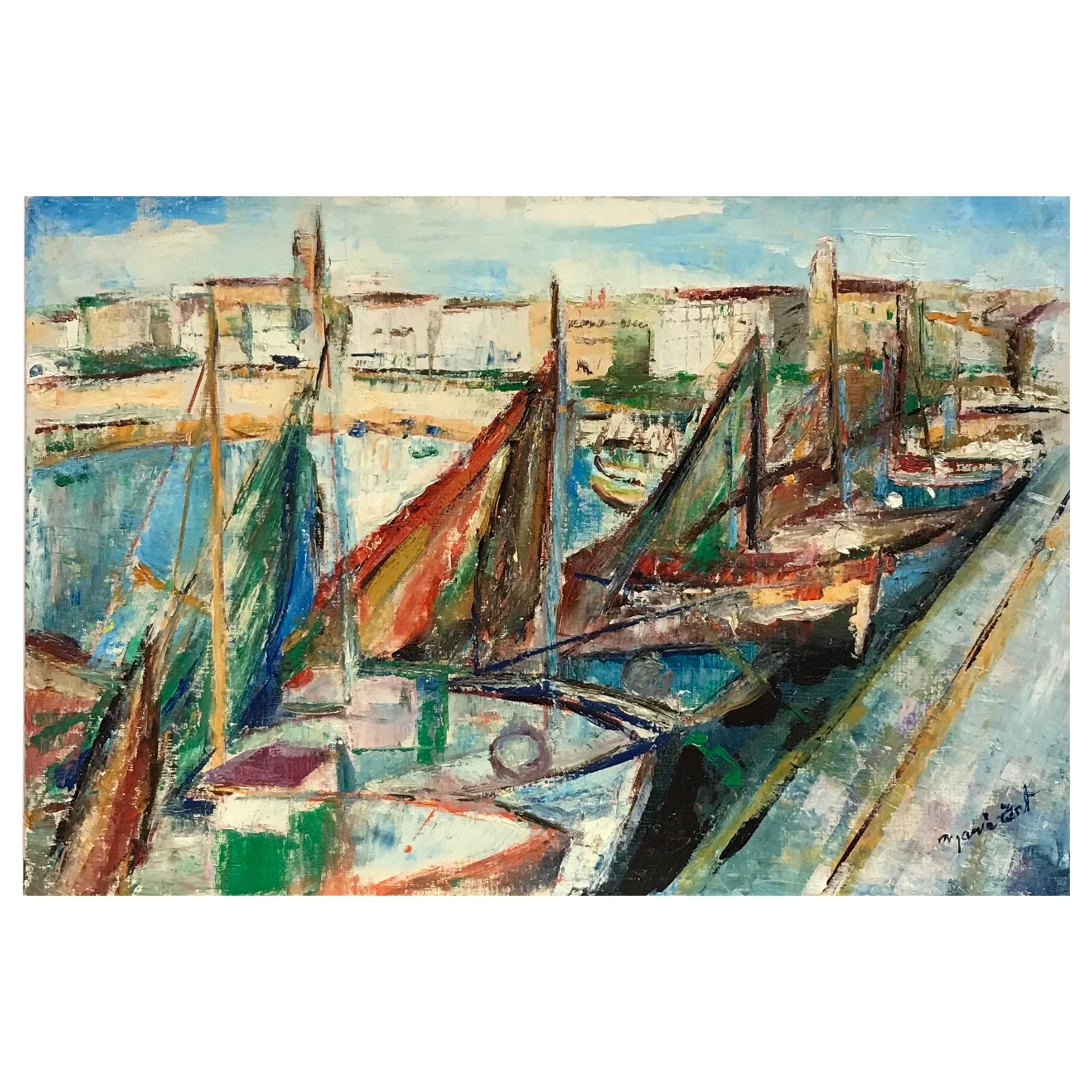 Maria Tort Xirau Landscape Painting – Schöne postimpressionistische Ölboote im Palamos- Hafen, Costa Brava, Groß