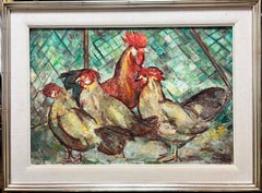 Chickens in a Coop Large Modernist Signed European Painting, framed