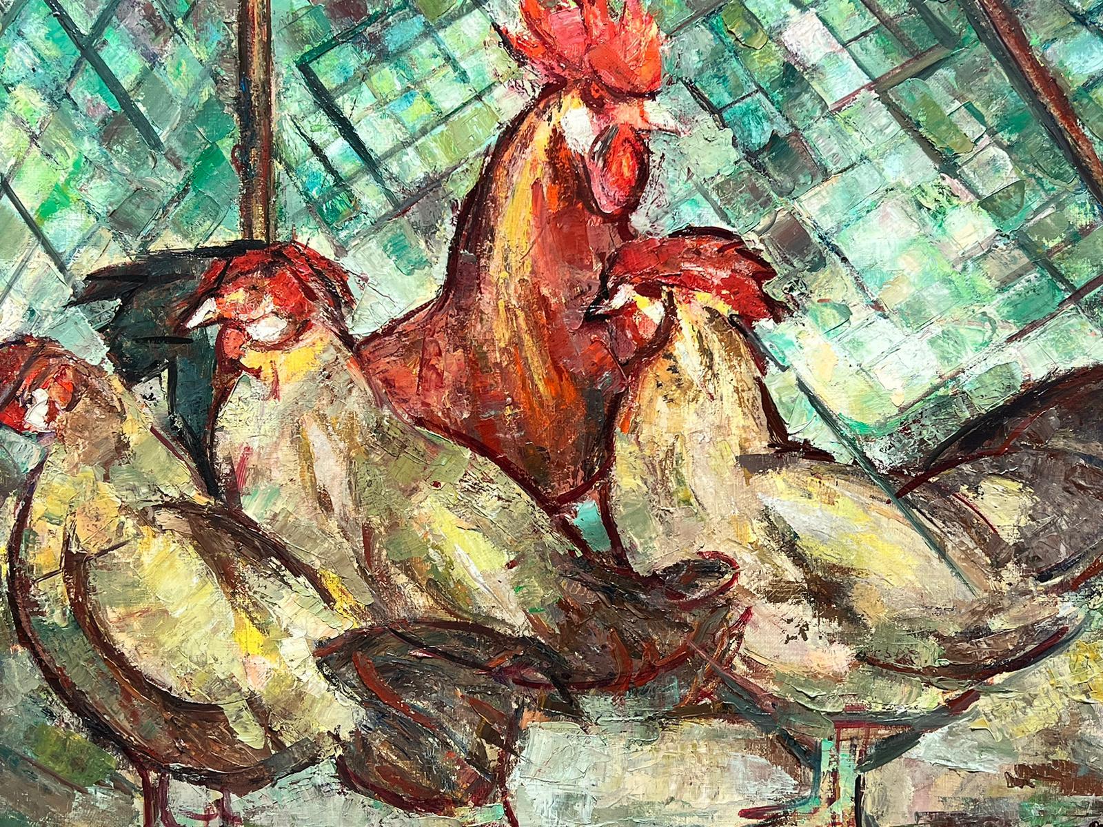 Chickens in a Coop Large Modernist Signed European Painting, framed For Sale 1