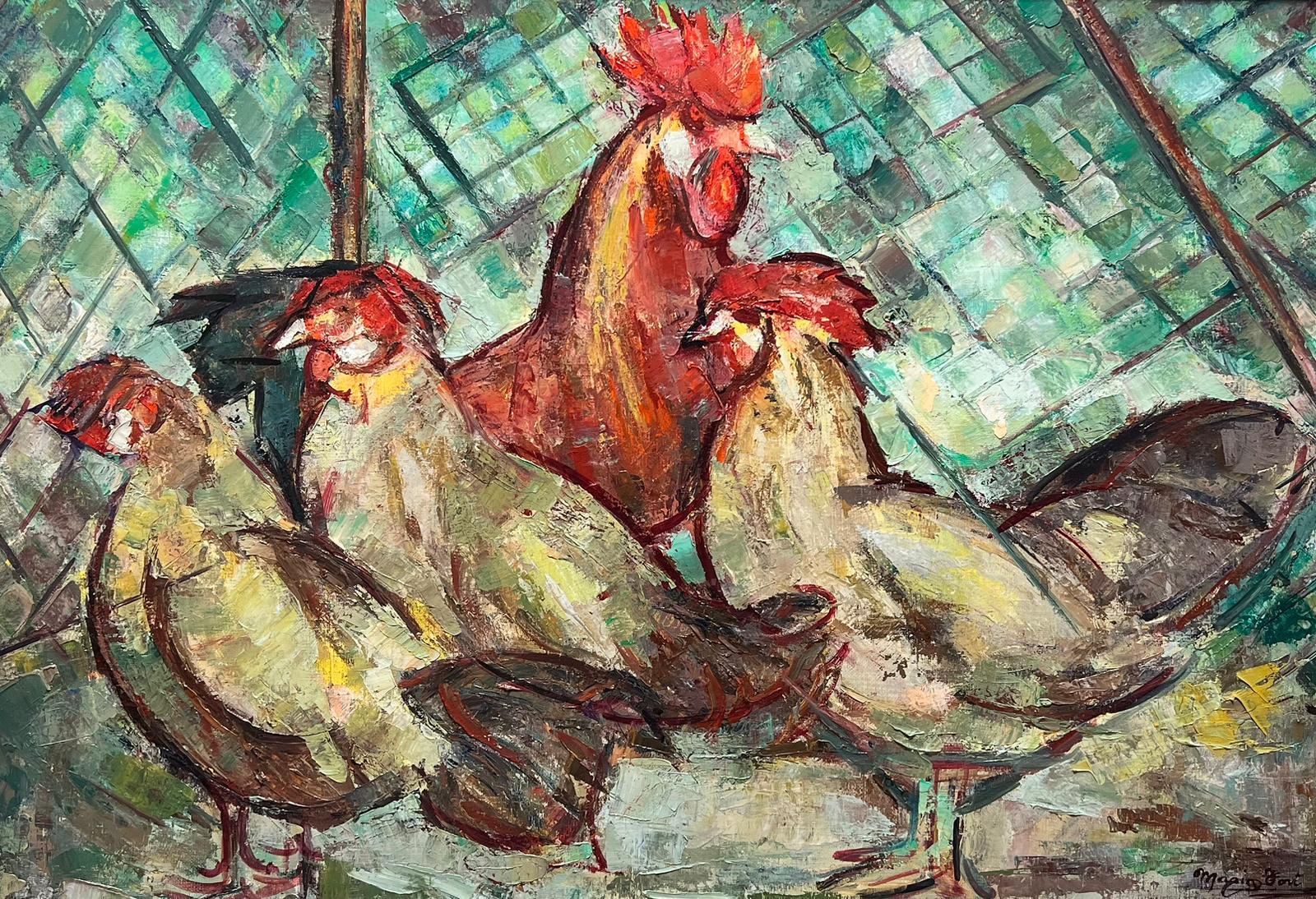 Hühner in einem Coop Großes modernistisches signiertes europäisches Gemälde, gerahmt