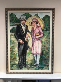 Elegant Smartly Dressed Couple Riverside Gardens, Signed Original Oil Painting